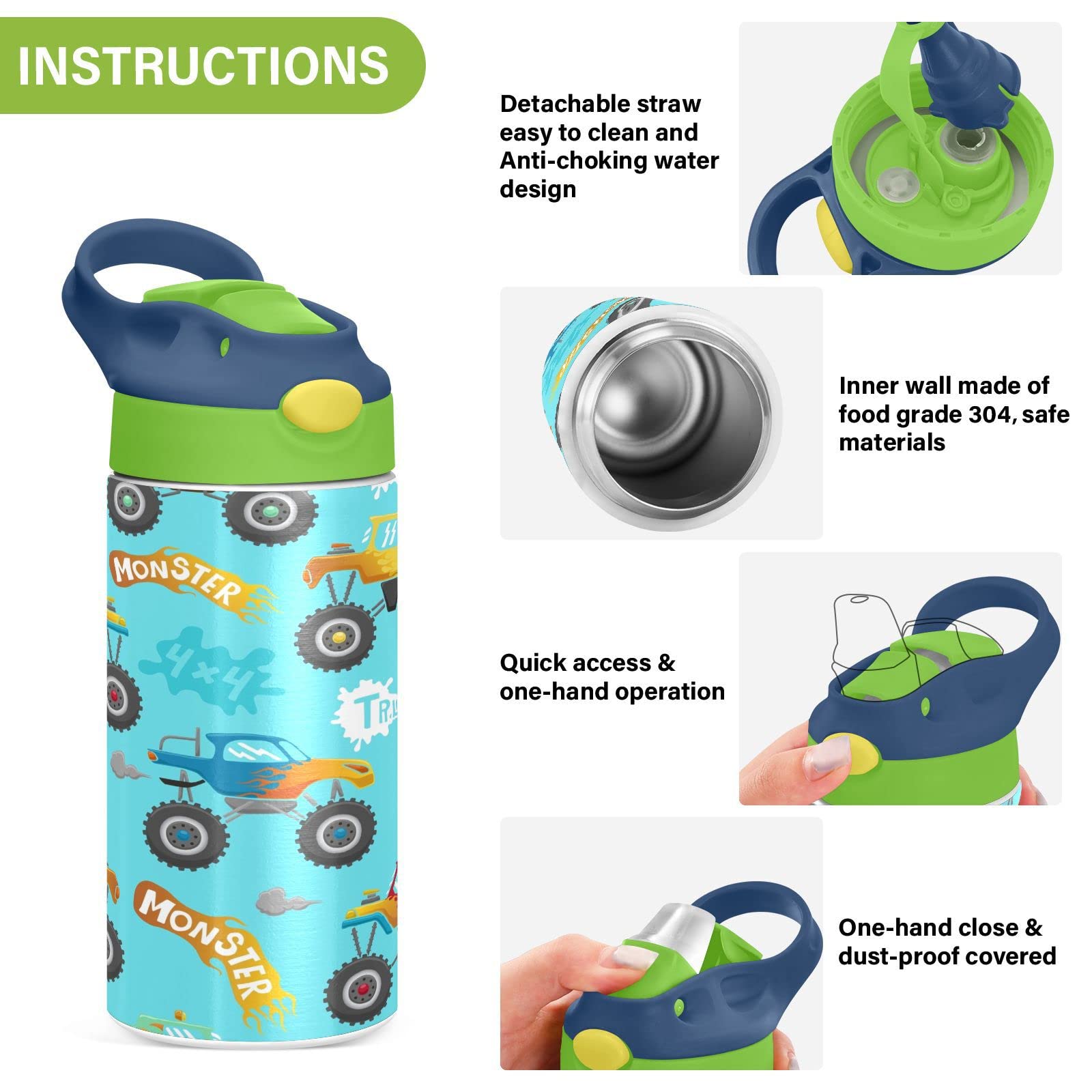 Boccsty Monster Truck Cartoon Car Kids Water Bottle With Straw Lid Insulated Stainless Steel Reusable Tumbler For Boys Girls Tod