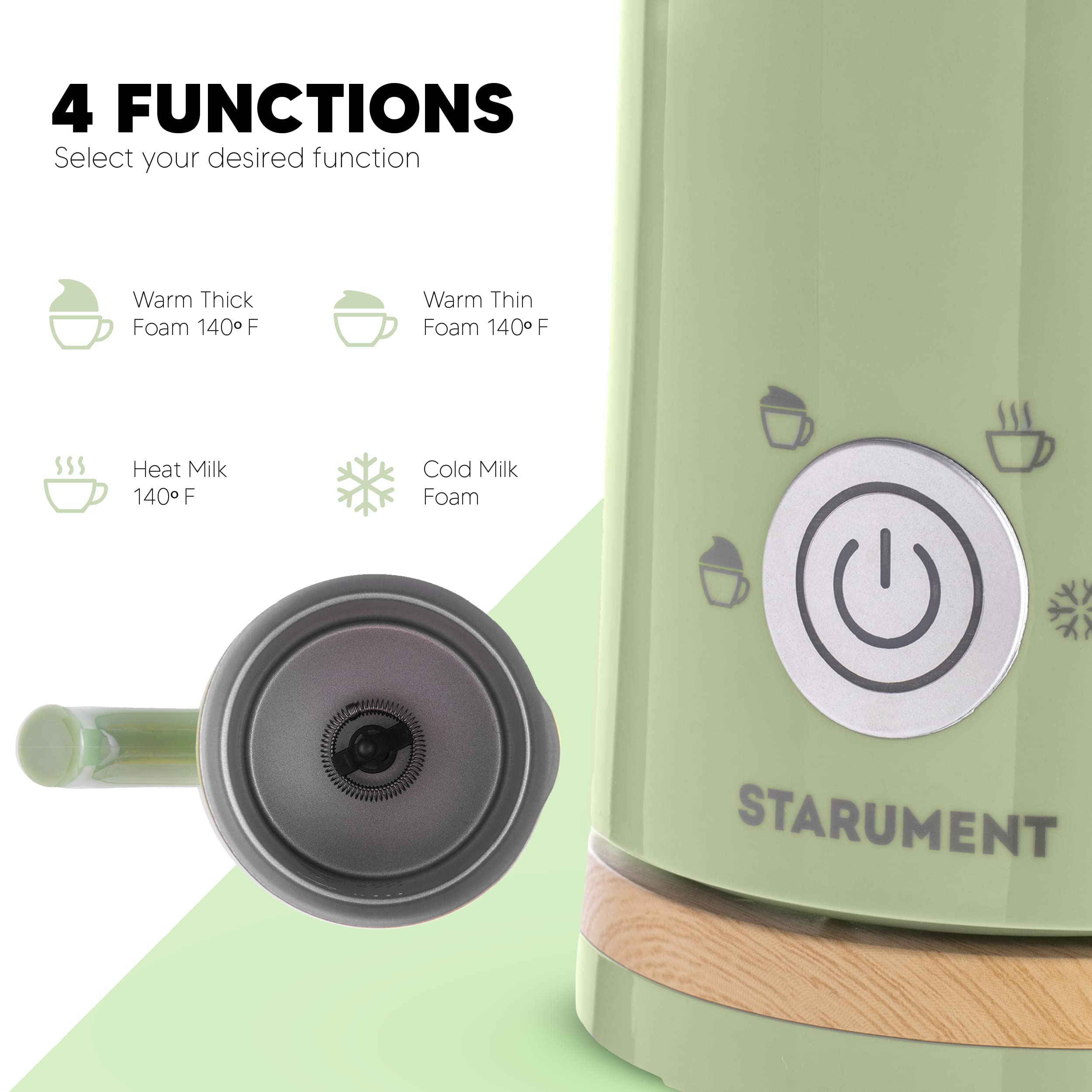 Starument Electric Milk Steamer & Frother - Automatic Foamer & Heater For Coffee Drinks - 4 Settings For Cold, Airy, Dense Foam