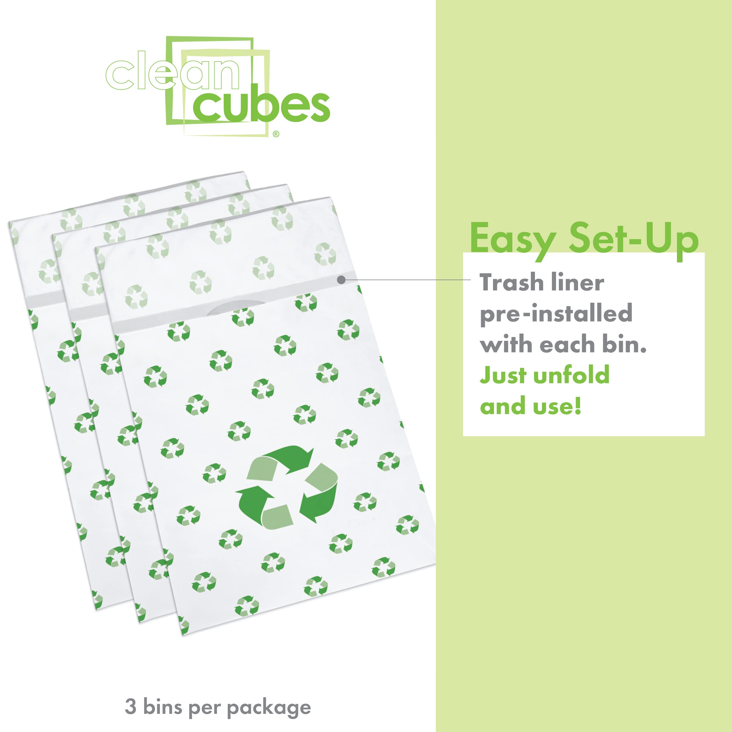 Clean Cubes 30 Gallon Disposable Trash Cans (3-Pack). Reusable Garbage and Recycling Bins for Parties  Events  and More (Recycle Pattern - 30 '' Tall x 14 '' Wide 17 '' Deep)