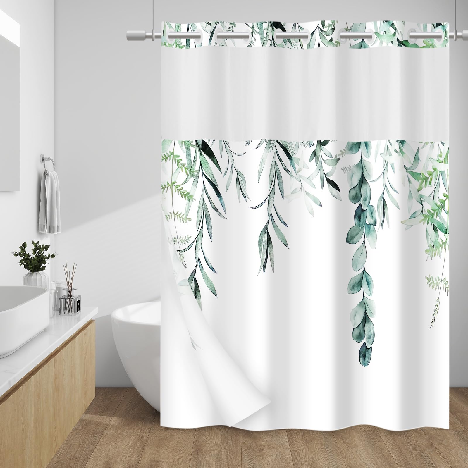 Withloc No Hook Shower Curtain With Snap In Liner - Fabric Waterproof Inner Liner, Plants Watercolor Green Eucalyptus Leaves Far