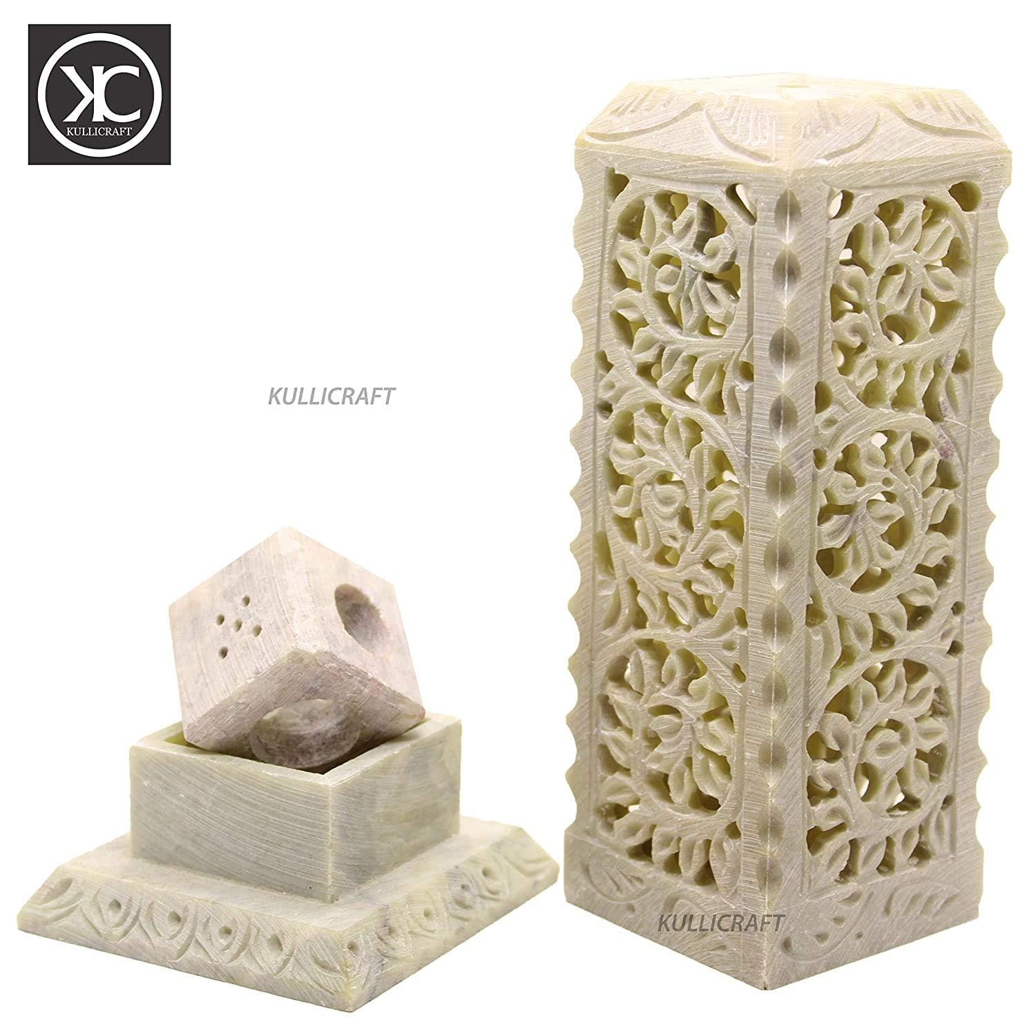 Kc Kullicraft Soapstone Marble Handcrafted Floral Carving Incense Agarbati Stand Holder For Puja With 6 Dhoop Batti