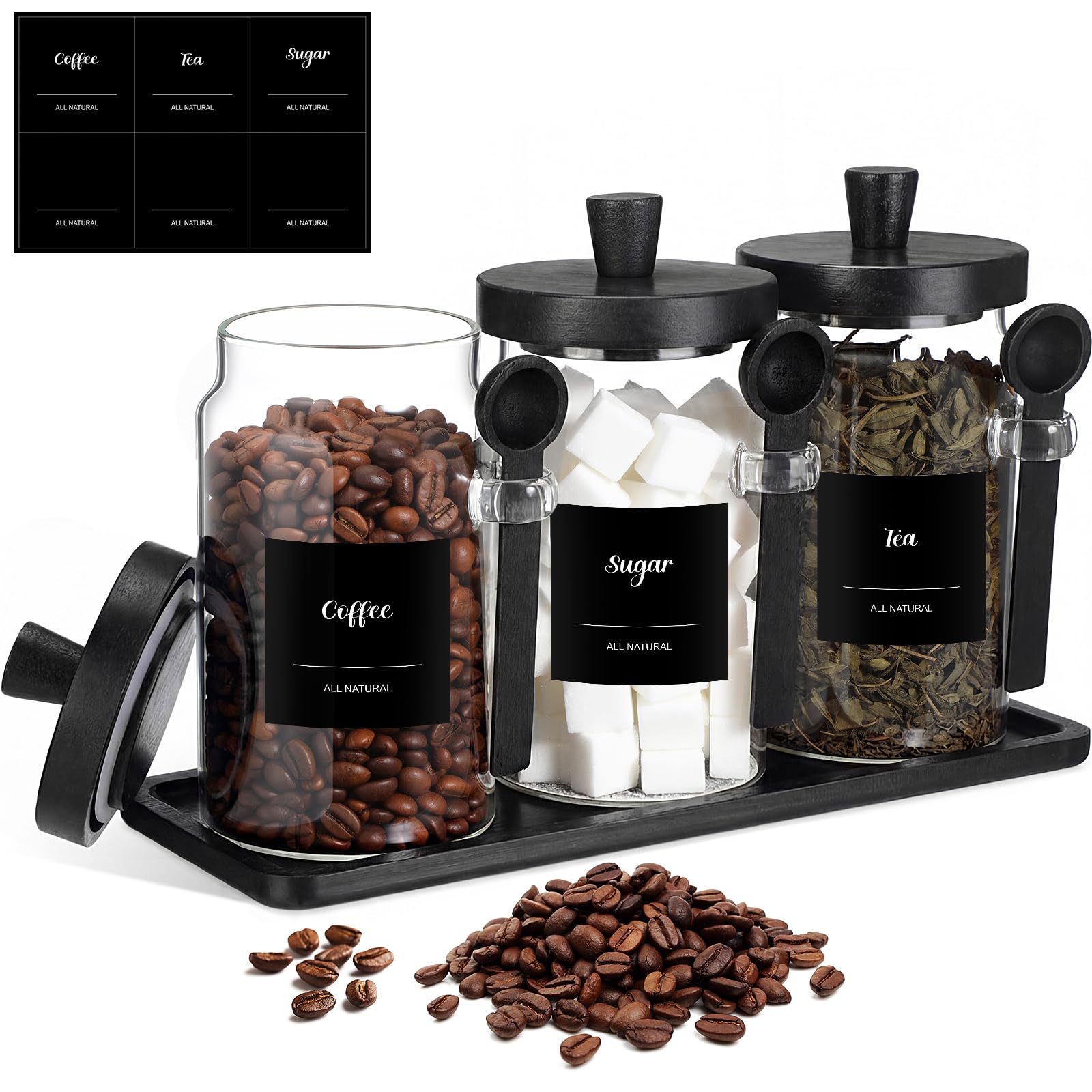 Suclain 3 Pcs Glass Coffee Container Set, 25 oz, Black Bamboo