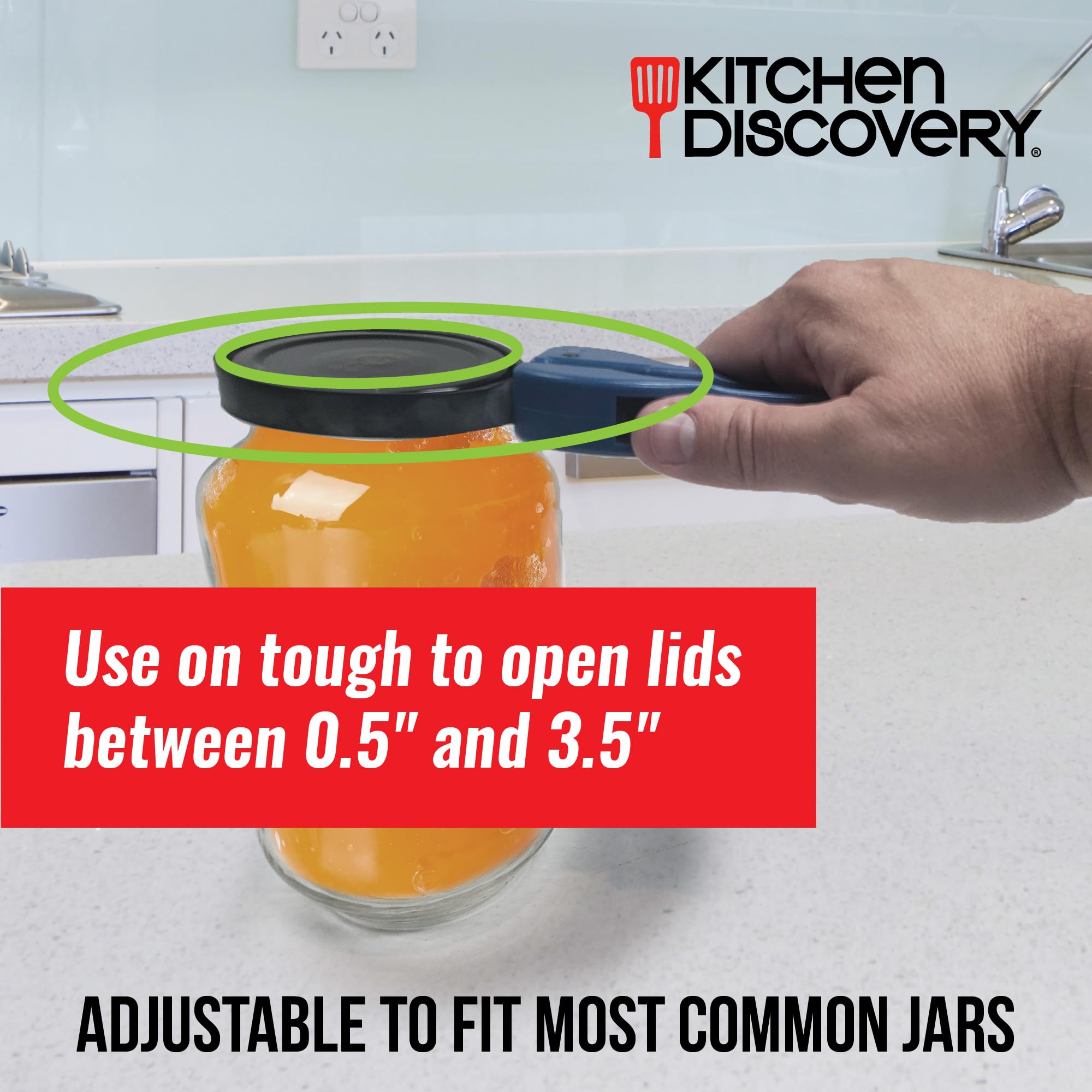 Kitchen Discovery Adjustable Jar Opener - Blue Rubber Gripper for Seniors - Large Size, Eases Lids Without Strain