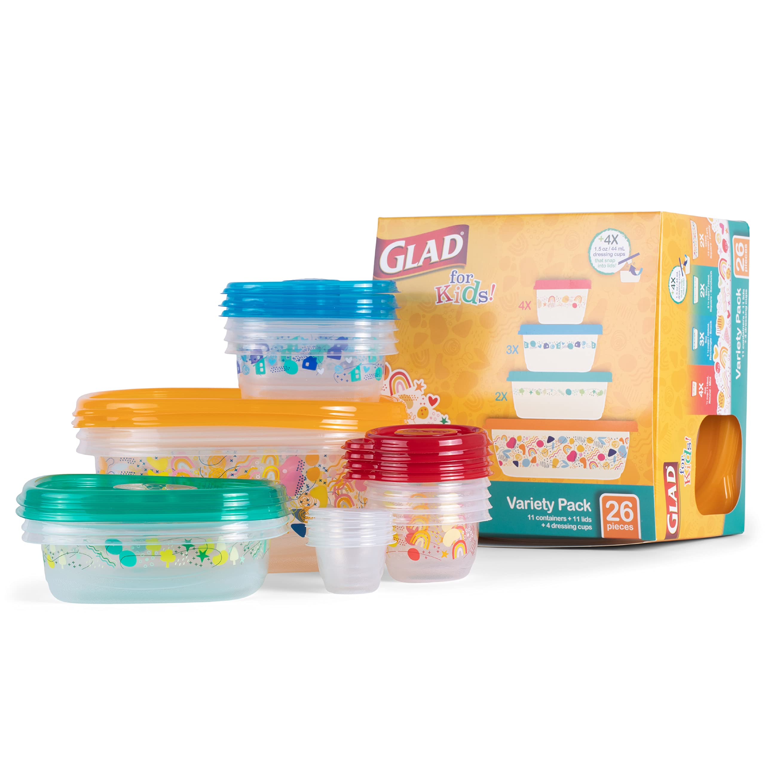 Glad for Kids GladWare Variety Pack 26ct Back to School Pattern Food Storage Containers with Lids | Mixed Sizes Kids Food Contai