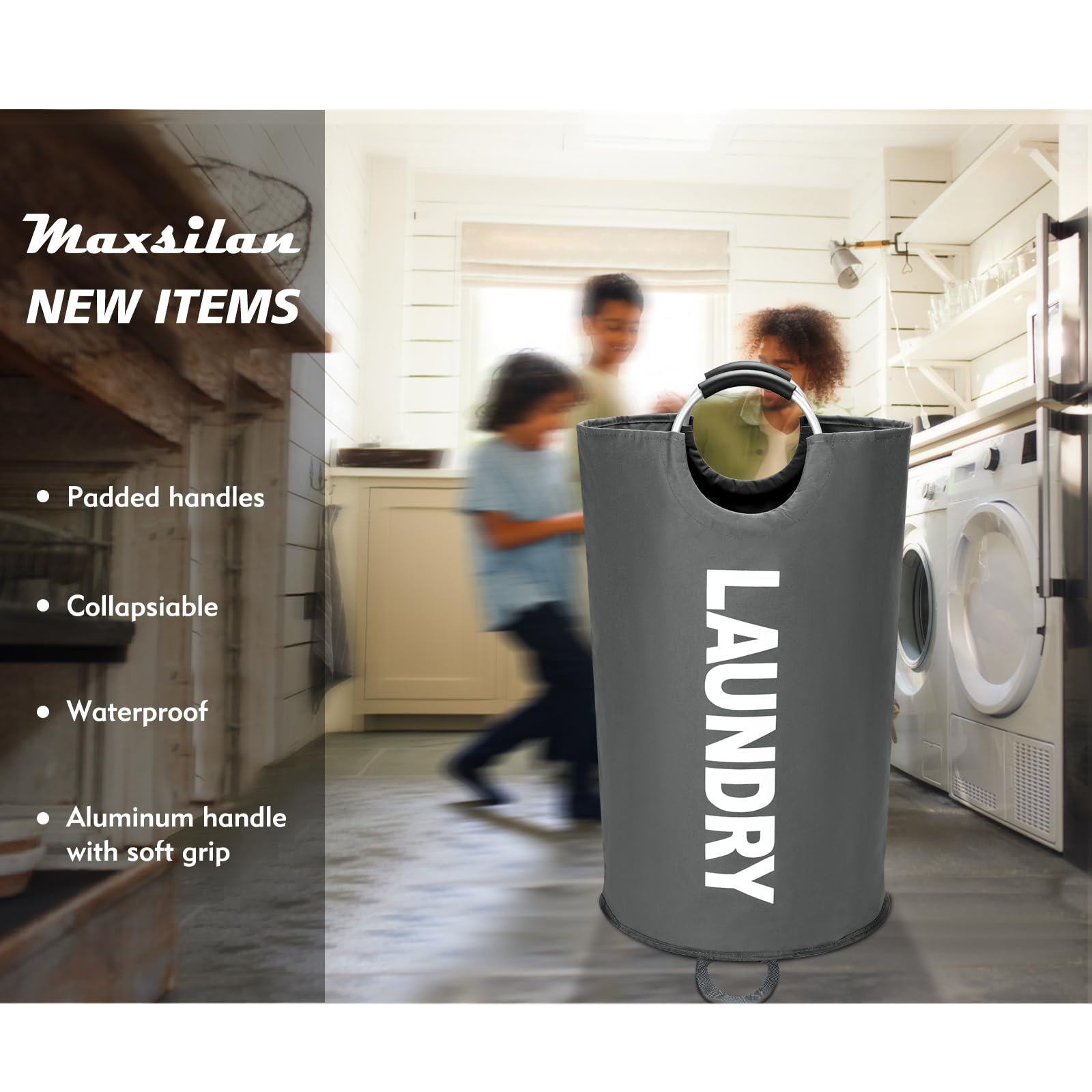 Maxsilan 90L Large Laundry Basket, Freestanding Tall Clothes Hamper, Collapsible Laundry Bag, Waterproof With Foam Protected Alu