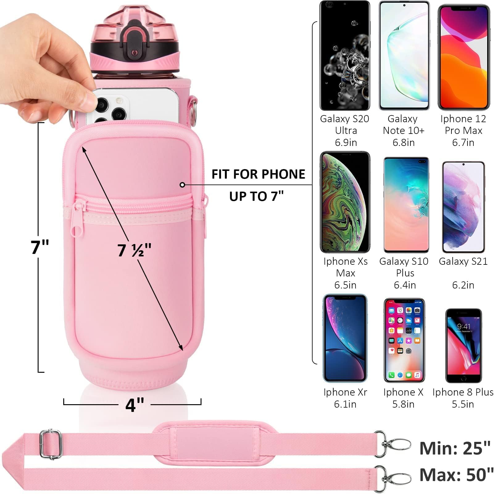 Fimibuke 32 oz Water Bottle with Sleeve - BPA Free Leakproof Sport Large 1L Plastic Motivational Water Bottle with Straw & Strap & Insulated Neoprene Holder Carrier Bag for Kid Women Men(A2.Baby Pink)