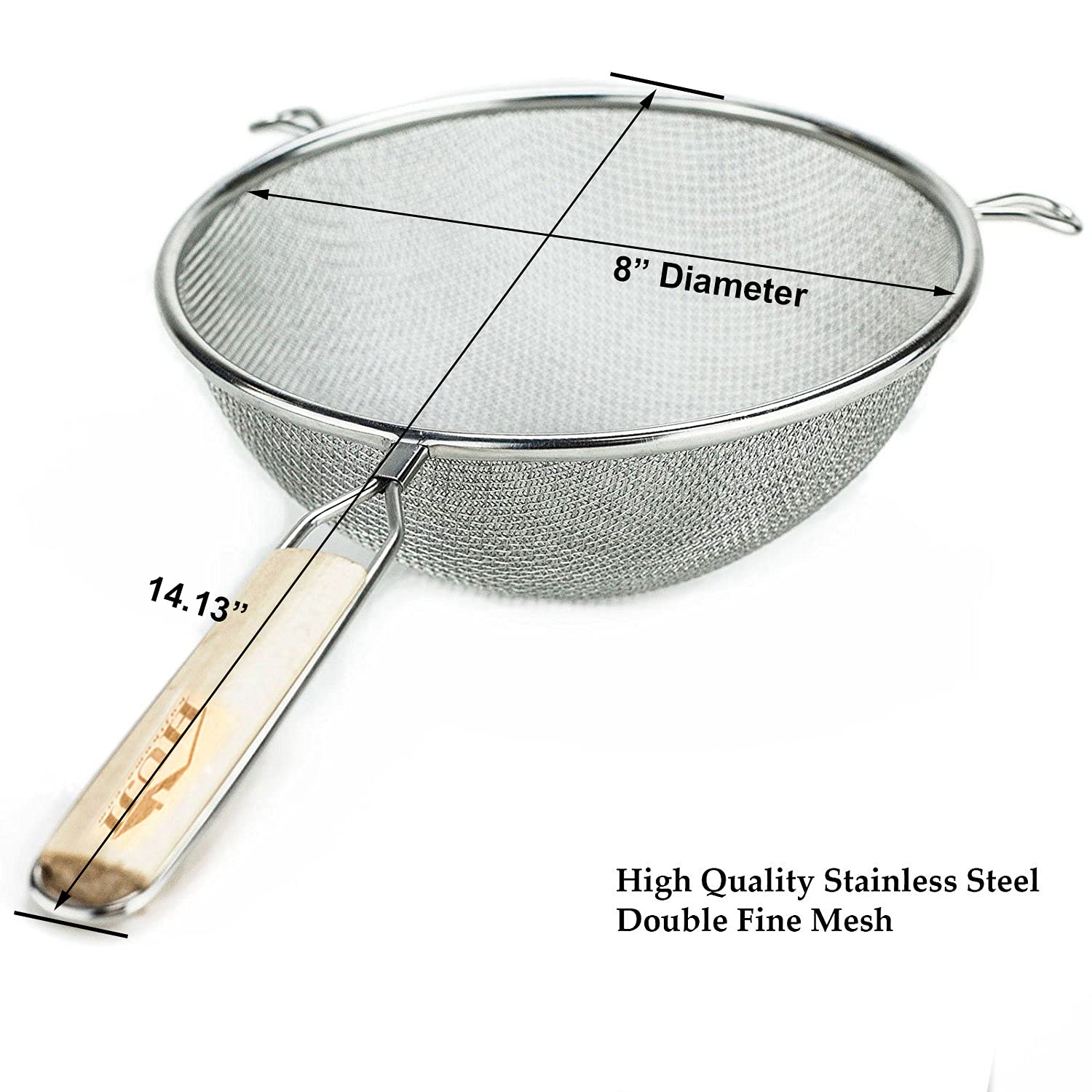 Huji Stainless Steel Fine 8'' Double Mesh Food Strainer Colander Sieve Sifter With Wooden Handle For Kitchen Rice Pasta Noodles