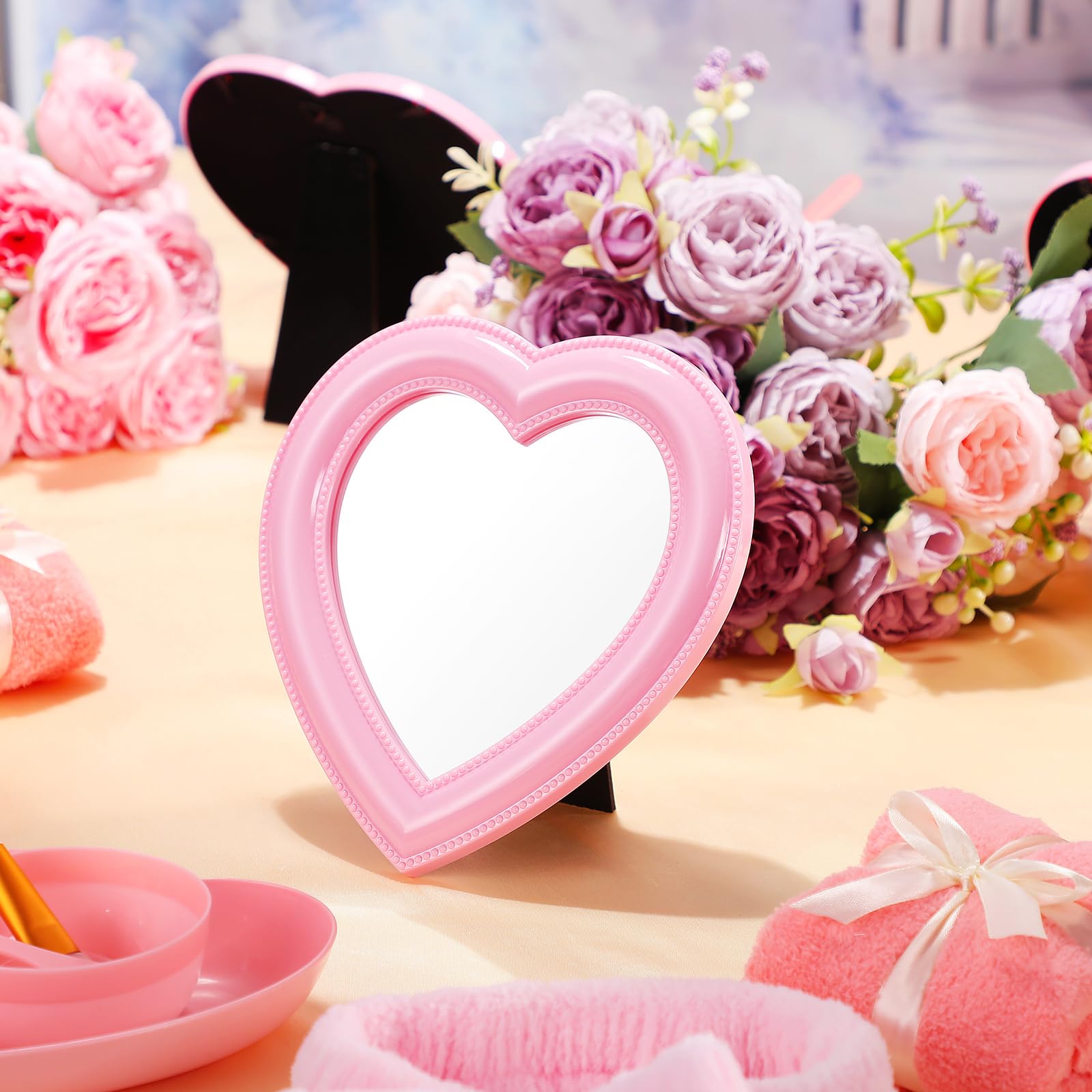 GlikCeil 8 Pcs Spa Party Supplies 8 Heart Shaped Mirror Pink for Sleepover Party Favors Makeup Mirror for Spa Slumber Birthday F