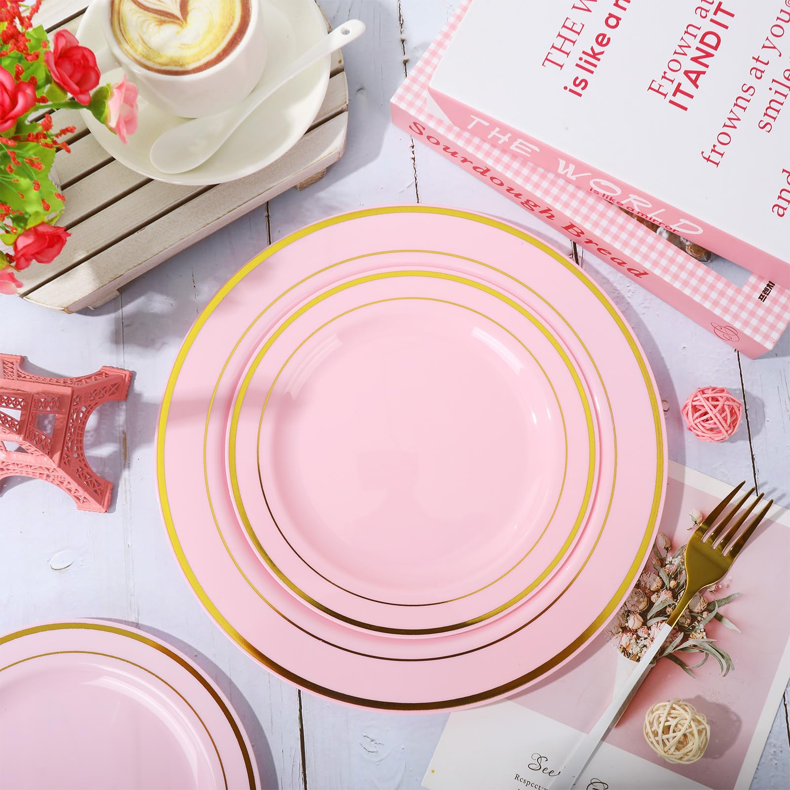 Whaline 50Pcs Valentine'S Day Light Pink Plastic Plate Gold Foil Bordered Disposable Plate Decorative Dinner Dessert Plate For W