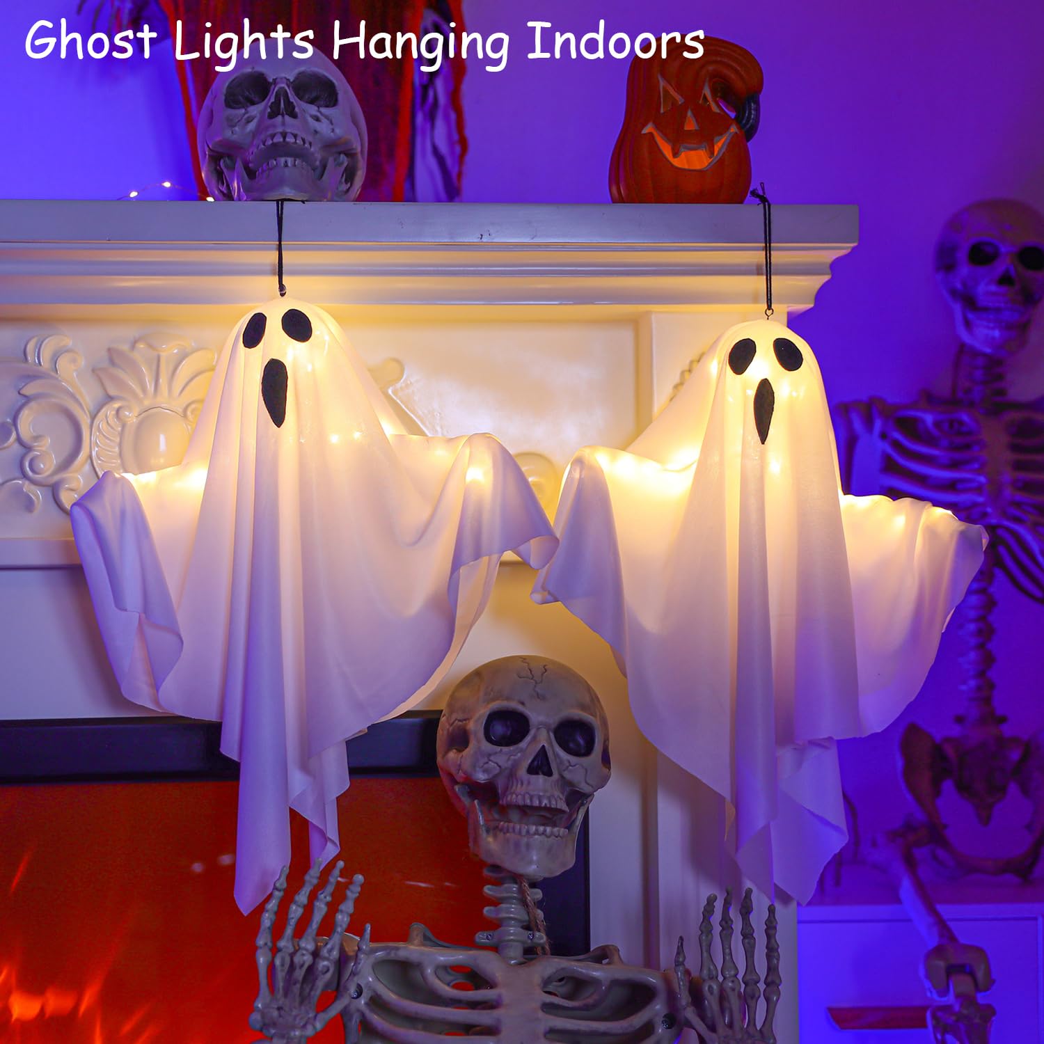 Halloween Decorations 19.6  Hanging Ghosts Light Up Kit Decor Warm LED Ghost Light Indoor Bedroom Wall Outdoor Fall Party Garden