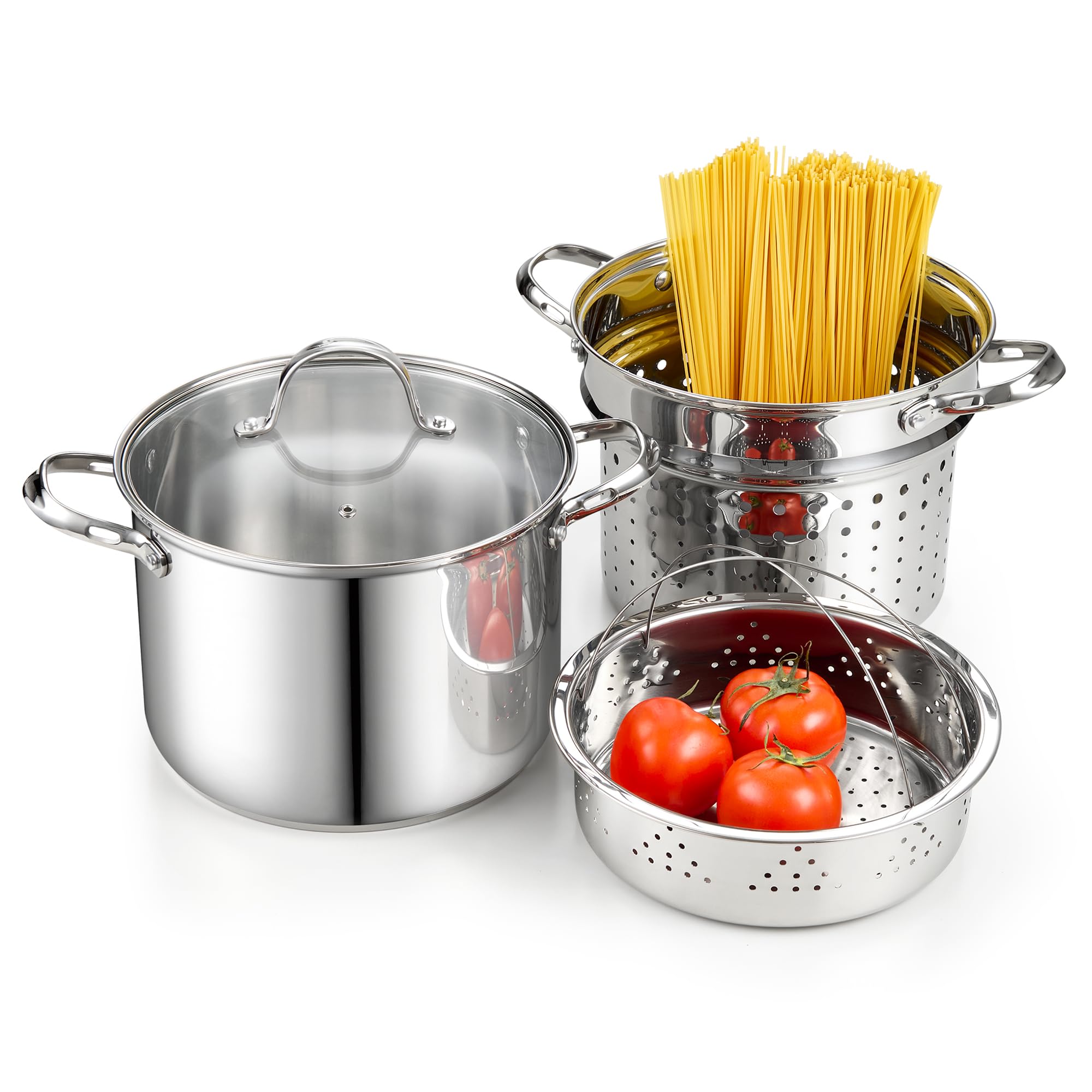 Cooks Standard Pasta Pot With Strainer Basket, 18/10 Stainless Steel 8 Quarts Stock Pot Spaghetti Cooker Tamale Crab Steamer Mul