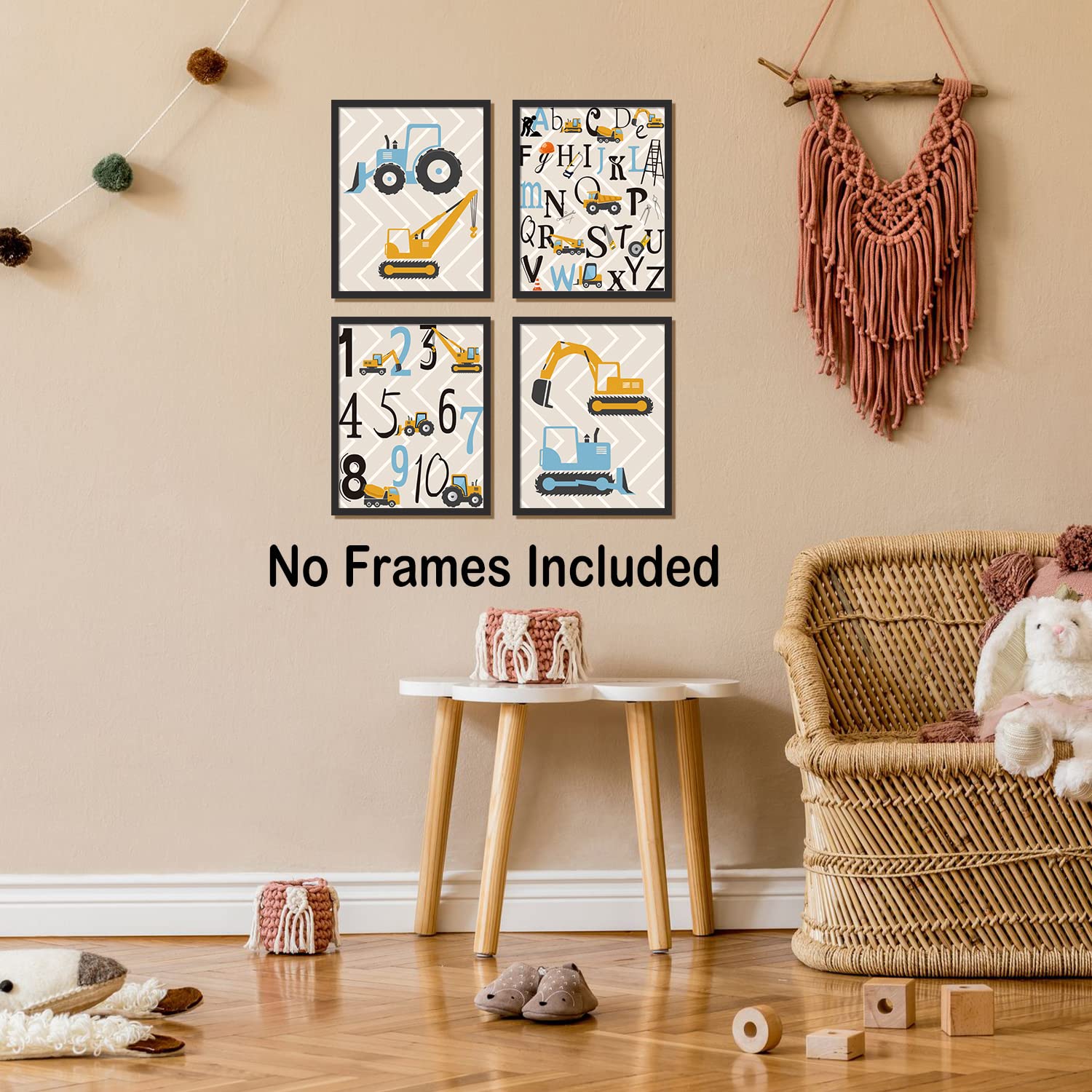 Kairne Cartoon Construction Art Print, Set Of 4 (8X10   ) Trucks,Digger,Transport Vehicle Canvas Poster,Alphabet Numbers Art Pai