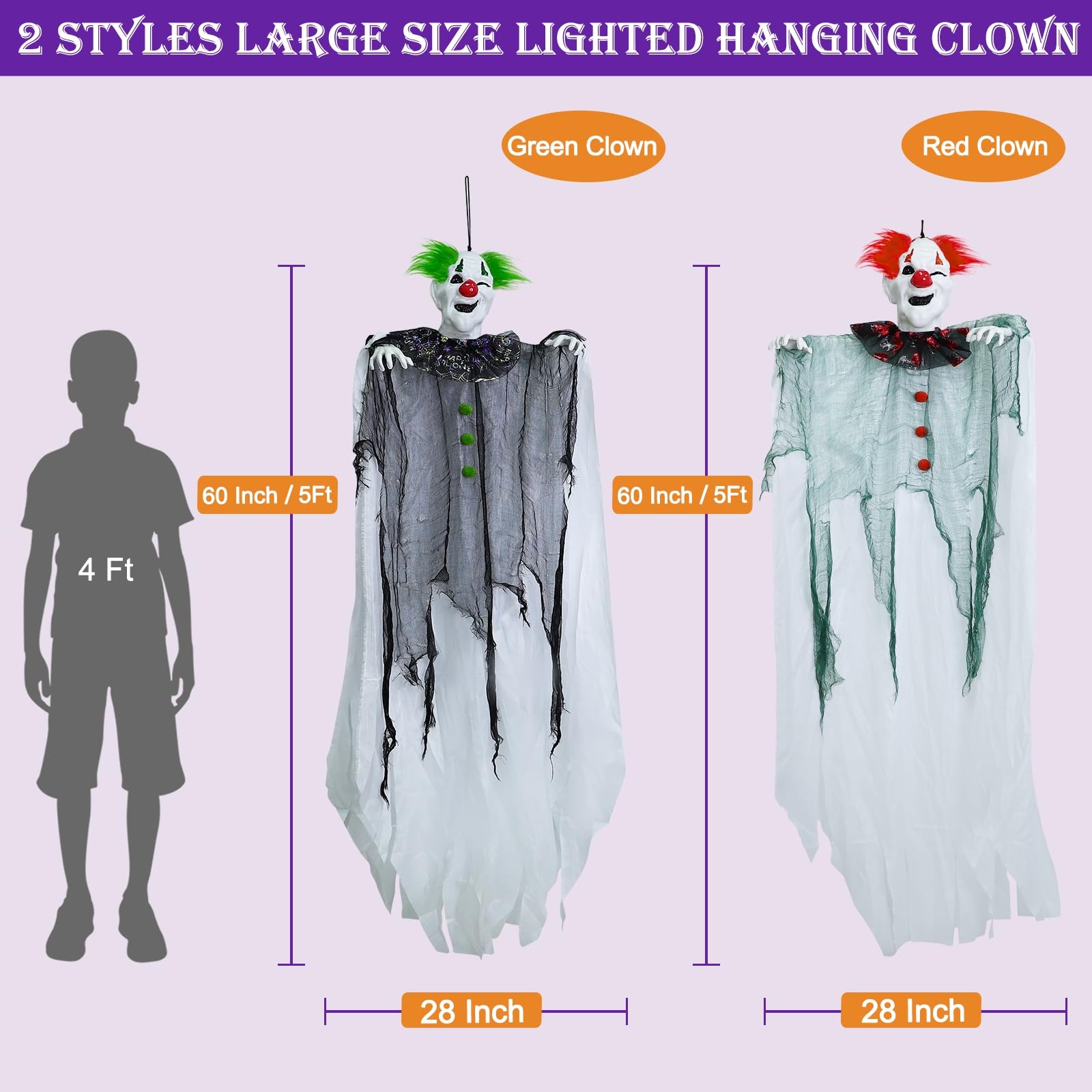 [ Glowing Body ] 2 Pack 5 Ft Light Up Halloween Hanging Clown Decorations with Purple & Red LED Lights, Scary Props Decor for Ya