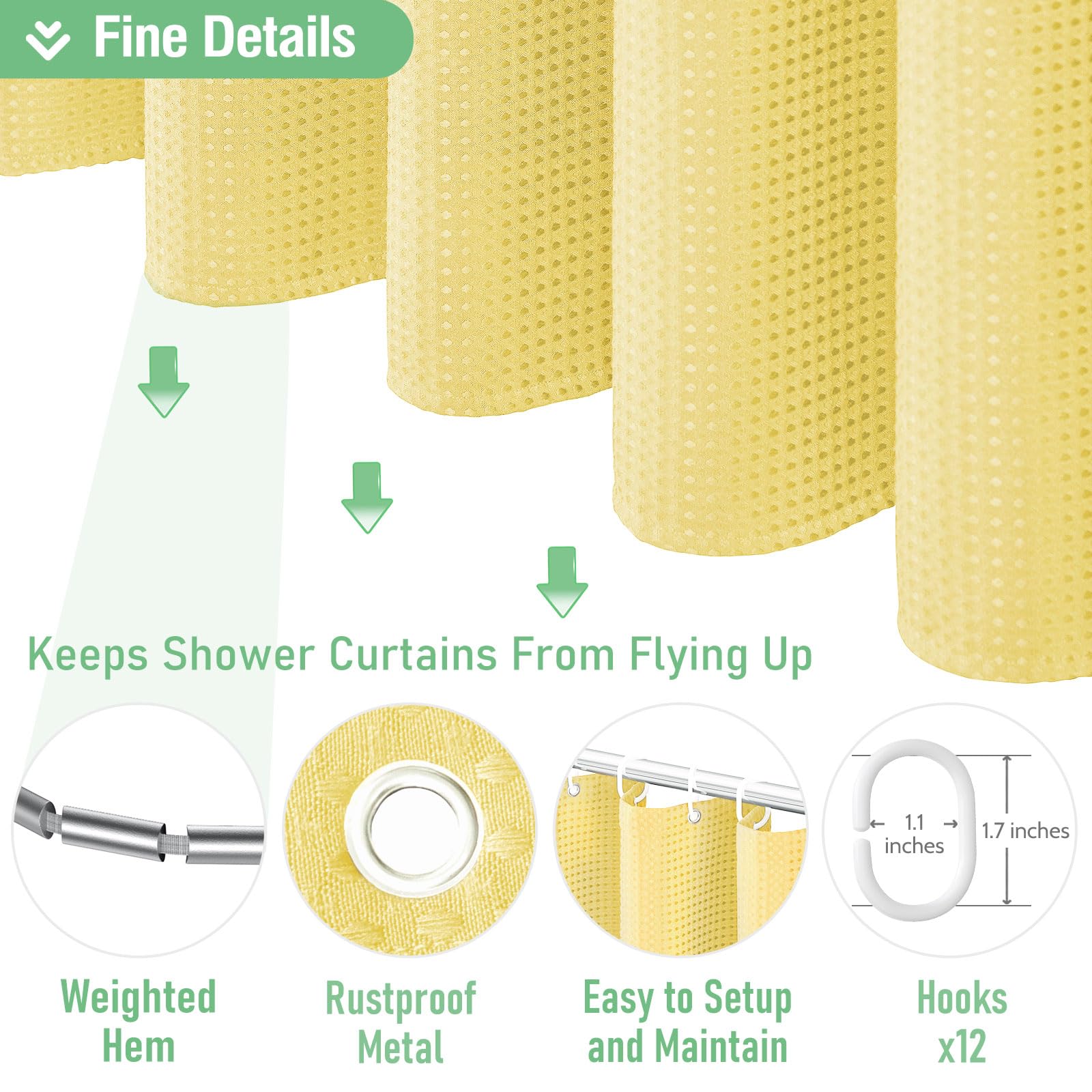 Dynamene Yellow Fabric Shower Curtain - Waffle Weave Textured Heavy Duty Cloth Shower Curtains For Bathroom, 256Gsm Hotel Luxury