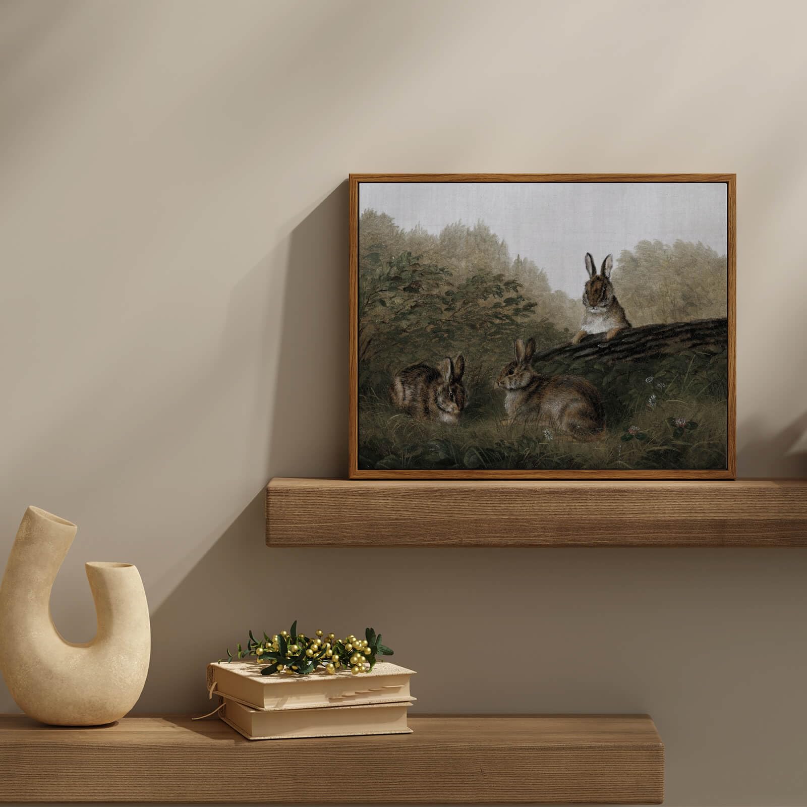 Insimsea Framed Canvas Print Wall Art Three Rabbits Vintage Wall Art Easter Bunny Decor Gift For Living Room Animal Landscape Oi