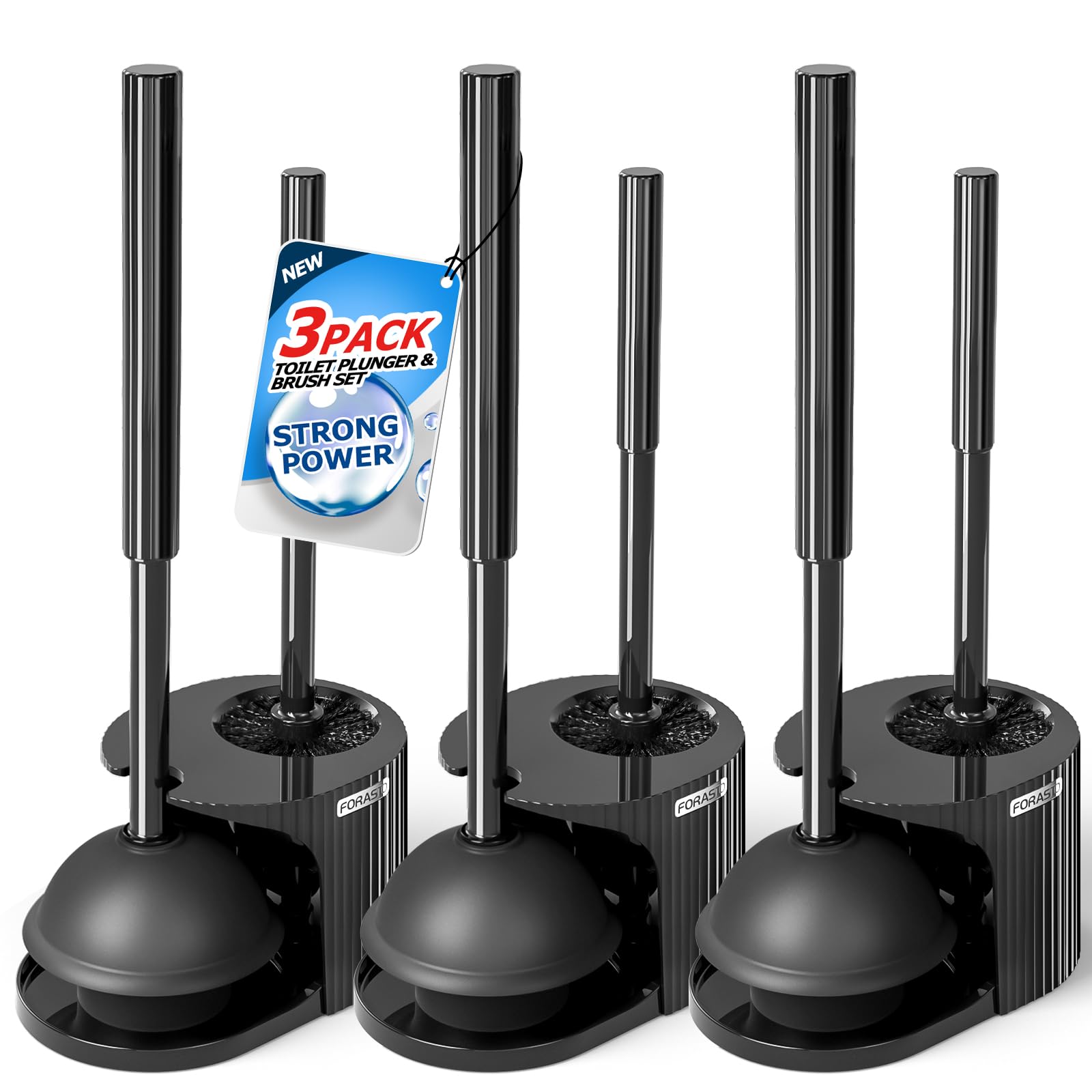 FORASTO 3Pack Toilet Brush and Plunger Set, Extended Handle Plunger,Toilet Bowl Brush Plunger Set,Bathroom Cleaning Tools,Toilet