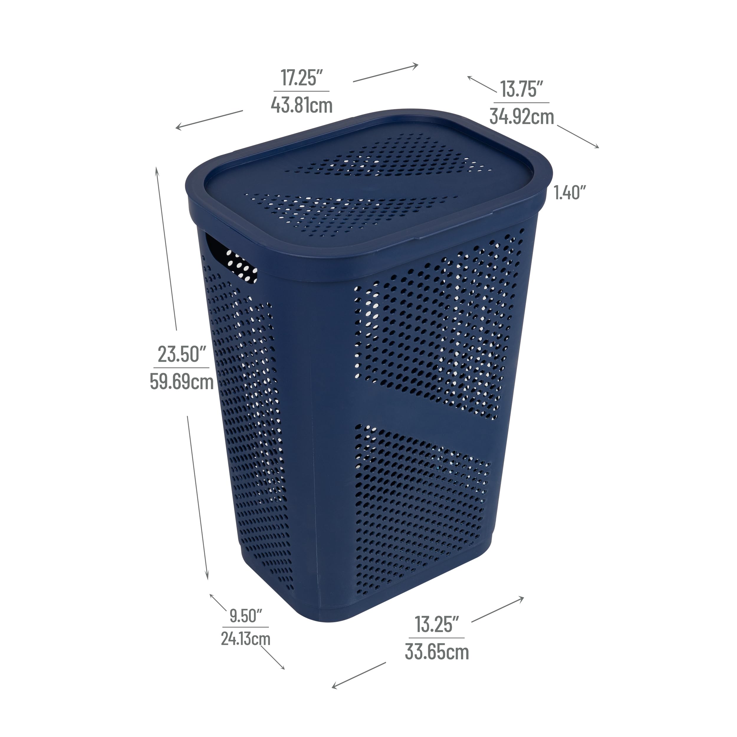 Mind Reader 60L Slim Laundry Hamper, Clothes Basket, Lid, Ventilated, Plastic, 17.25''L X 13.75''W X 23.5''H, Navy