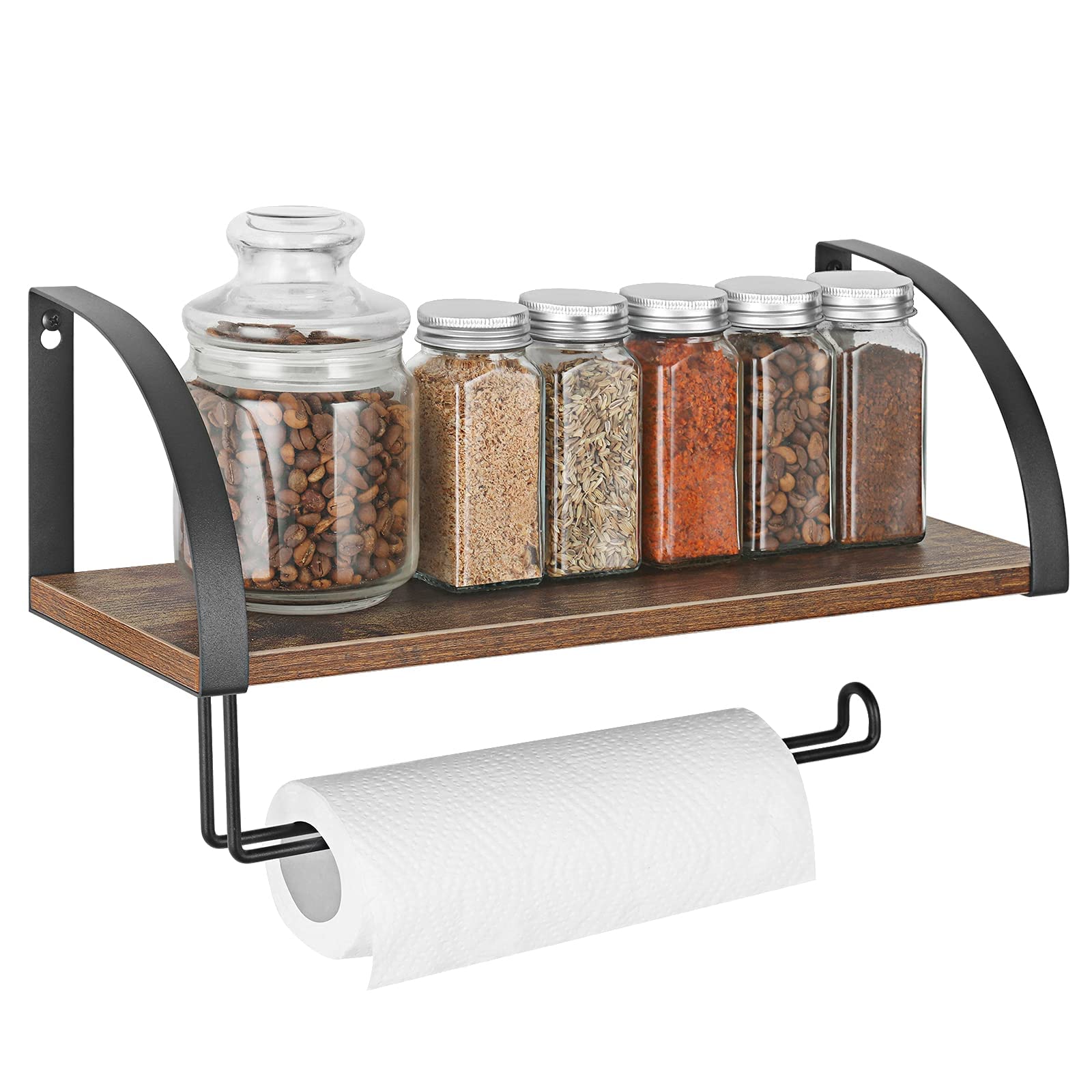 Paper Towel Holder With Shelf Storage, Wall Mount 2-In-1 Kitchen Paper Roll Towel Holder Rustic Farmhouse Under Cabinet Spice Ra