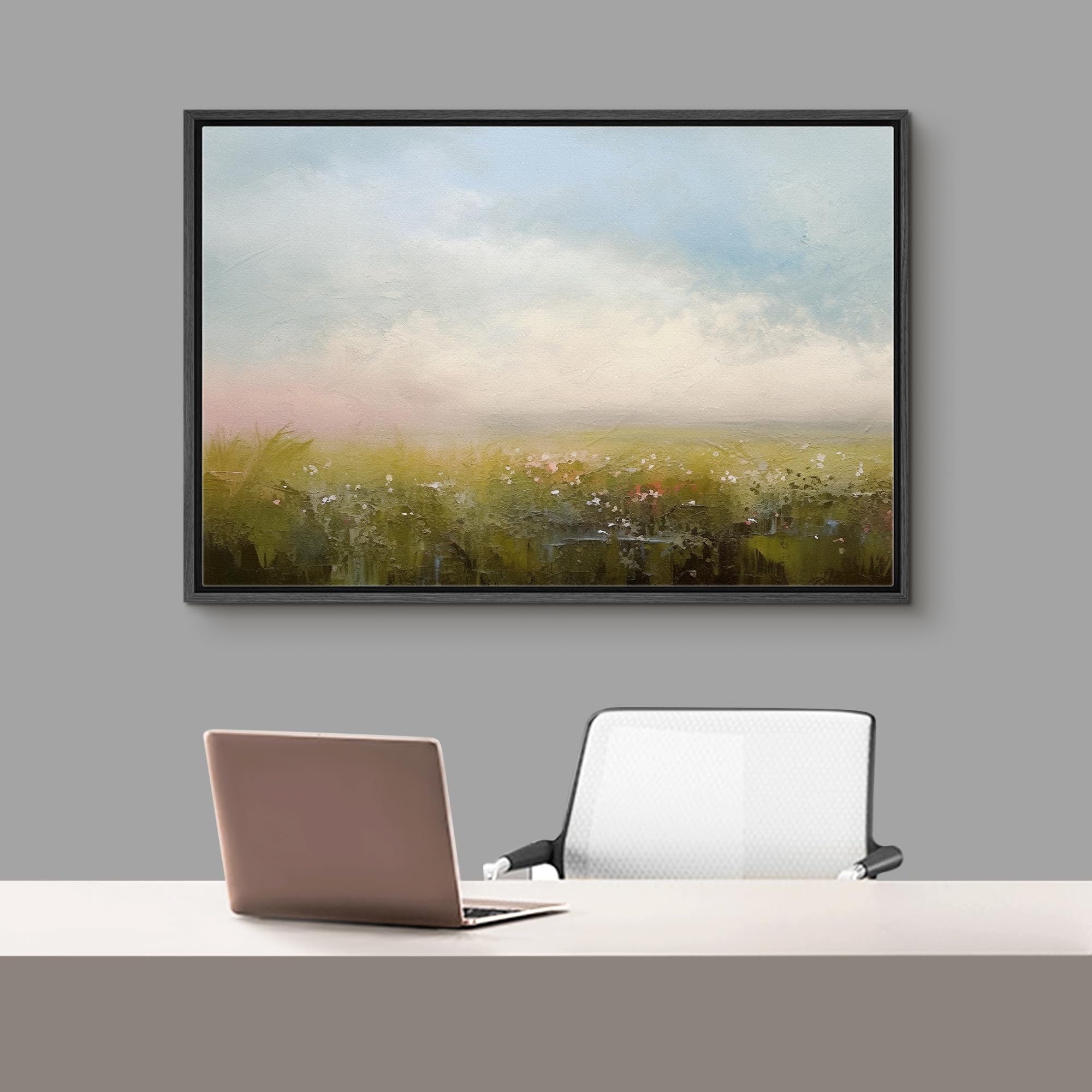 Signford Framed Canvas Print Wall Art Sunset Clouds Green Flower Meadow Nature Wilderness Illustration Minimalism Decorative Col
