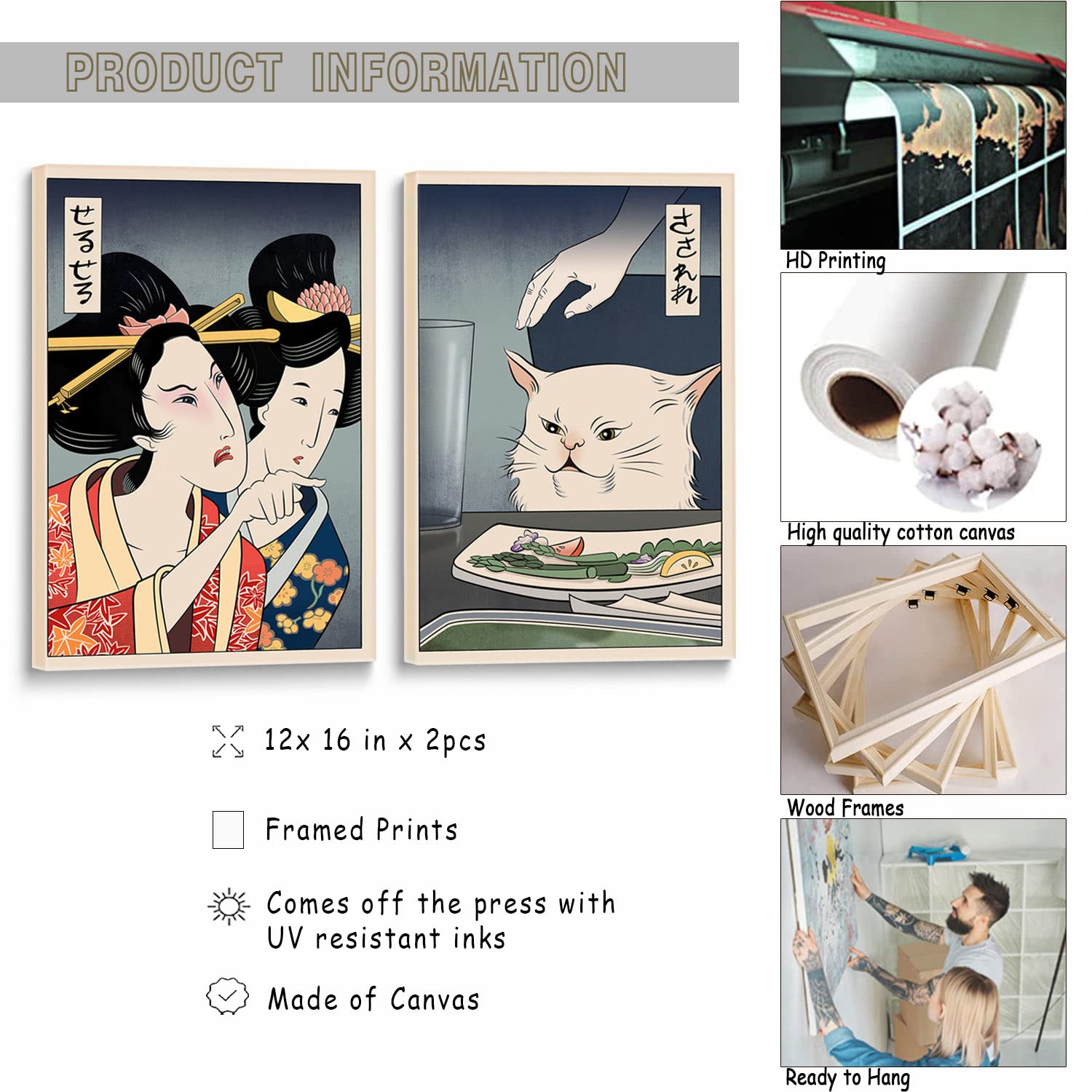 2Pcs Funny Cute Canvas Painting Japanese Woman Yelling At Cat Eating Food Poster Print Vintage Wall Art Meme Picture Dining Room