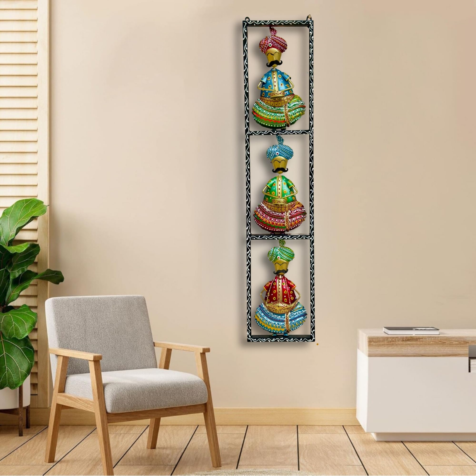RSN Metal Wall Decor Rajasthani 3 moustache Musicians Wall Art/Wall Hanging For Living Room/Bedroom Size-38 x8 Inch