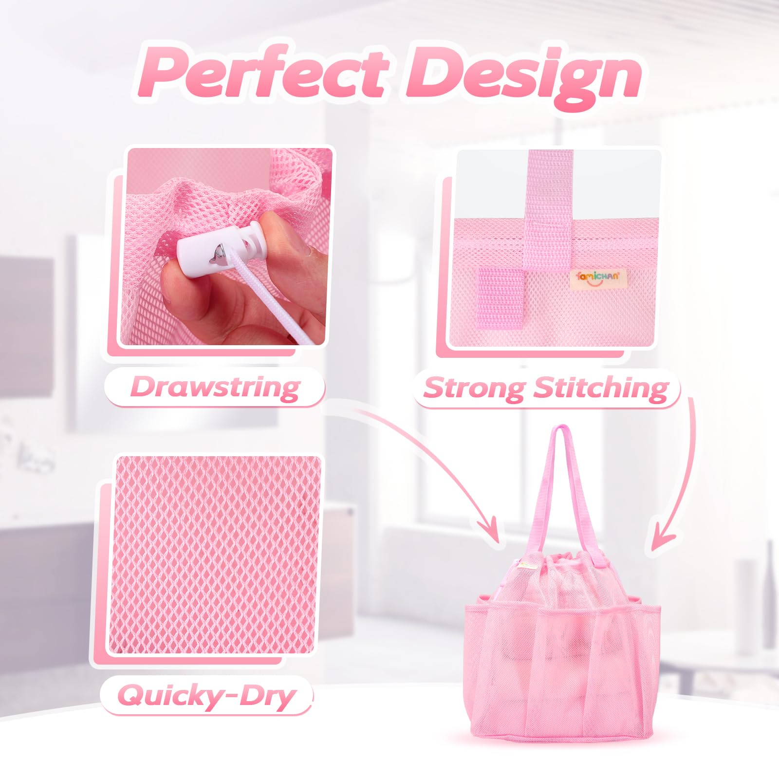 Famichan Mesh Shower Caddy Portable With Drawstring, Dorm Room Essentials For College Students Girls, Large Shower Bag For Campi