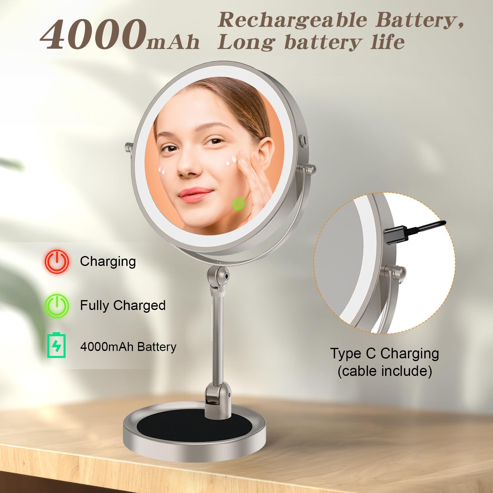 9 Large Lighted Makeup Mirror With 1X/10X Magnification, 4000Mah Rechargeable Vanity Mirror With Height Adjustable & 3 Color Dim