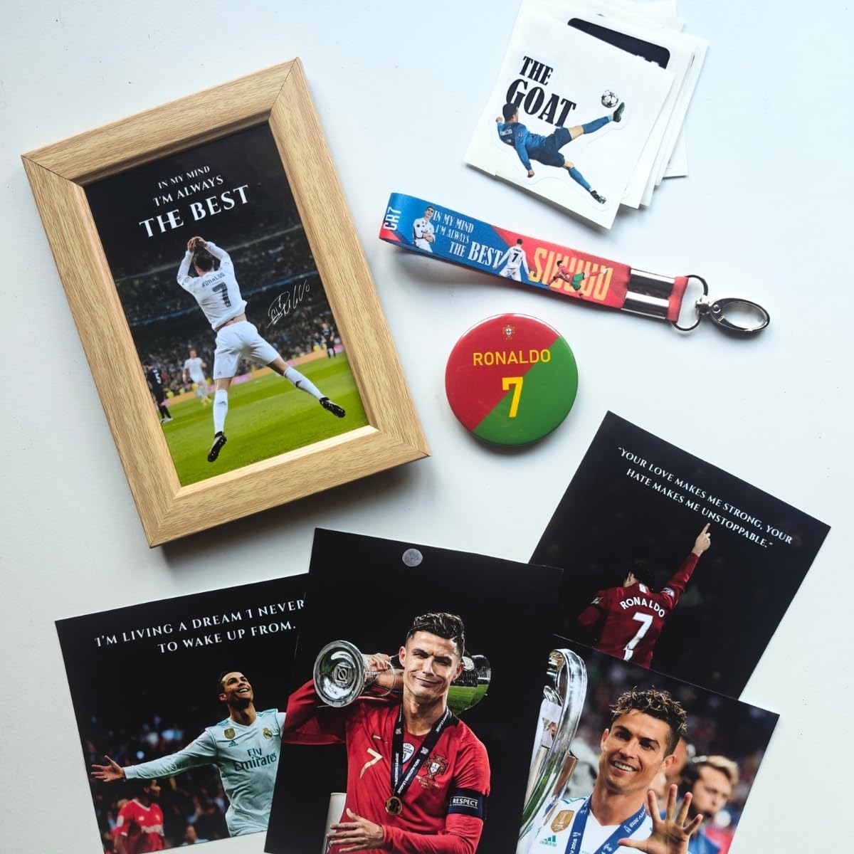 Tenorarts Cristiano Ronaldo Gift Box Merchandise For Fans - 5X7 Inches Laminated Photo Frame,1 Ronaldo Keychain, 1 Badge, 4 4X6 