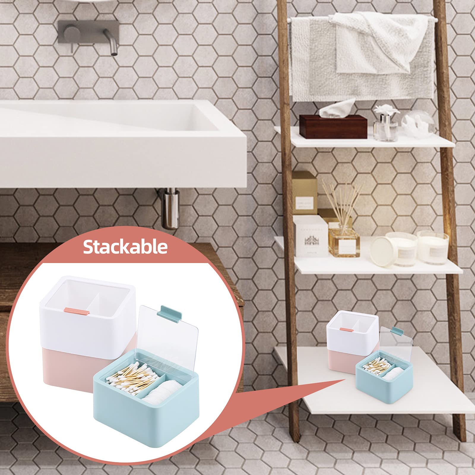 Tecbeauty Large Qtips Holder - 2 Grids Cotton Swabs Dispenser Bathroom Organizer Cotton Balls, Cotton Pads Storage Canisters, Hi