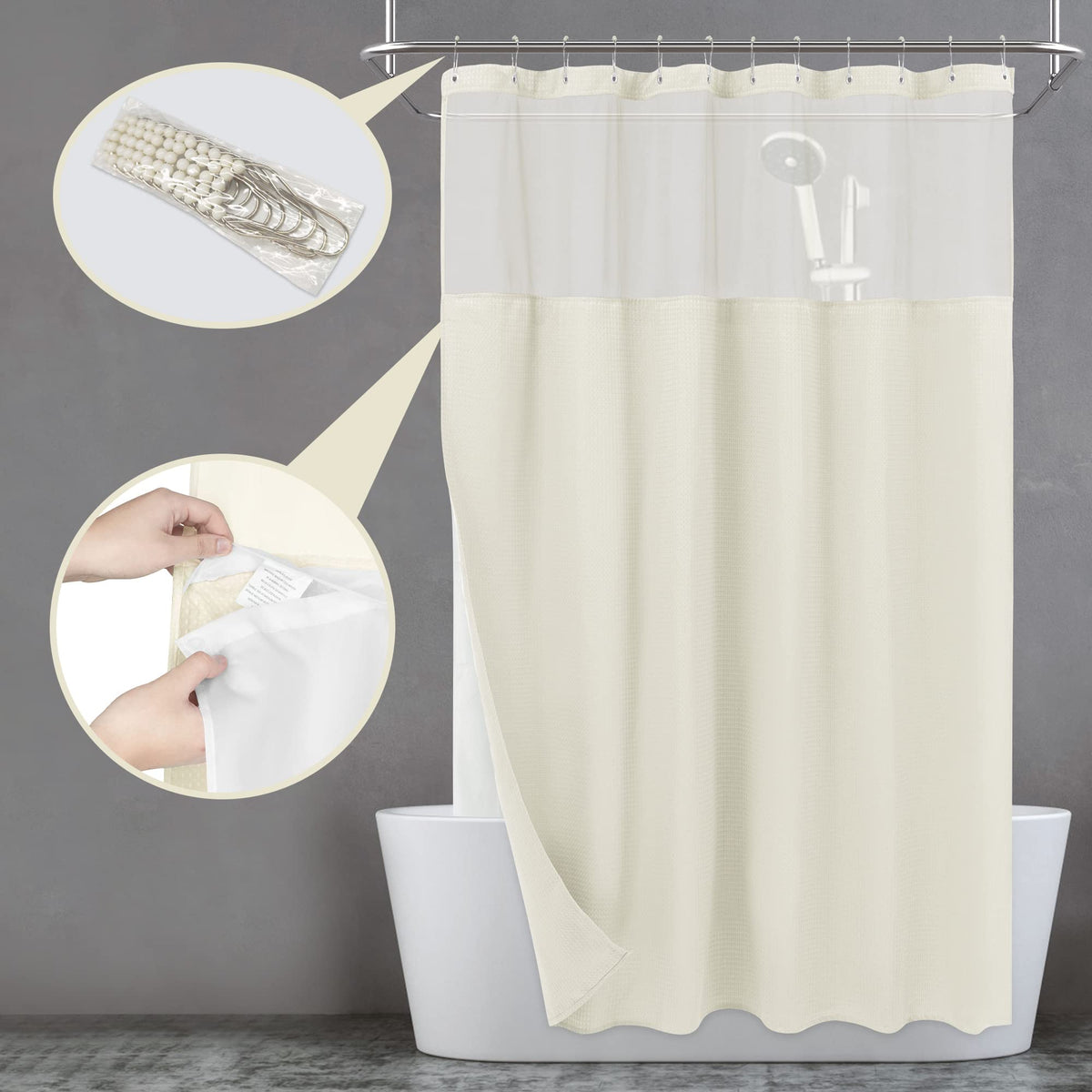 N&Y Home Waffle Weave Shower Curtain With Snap-In Fabric Liner & Hooks Set - Hotel Style Cream Shower Curtain For Bathroom, Wate