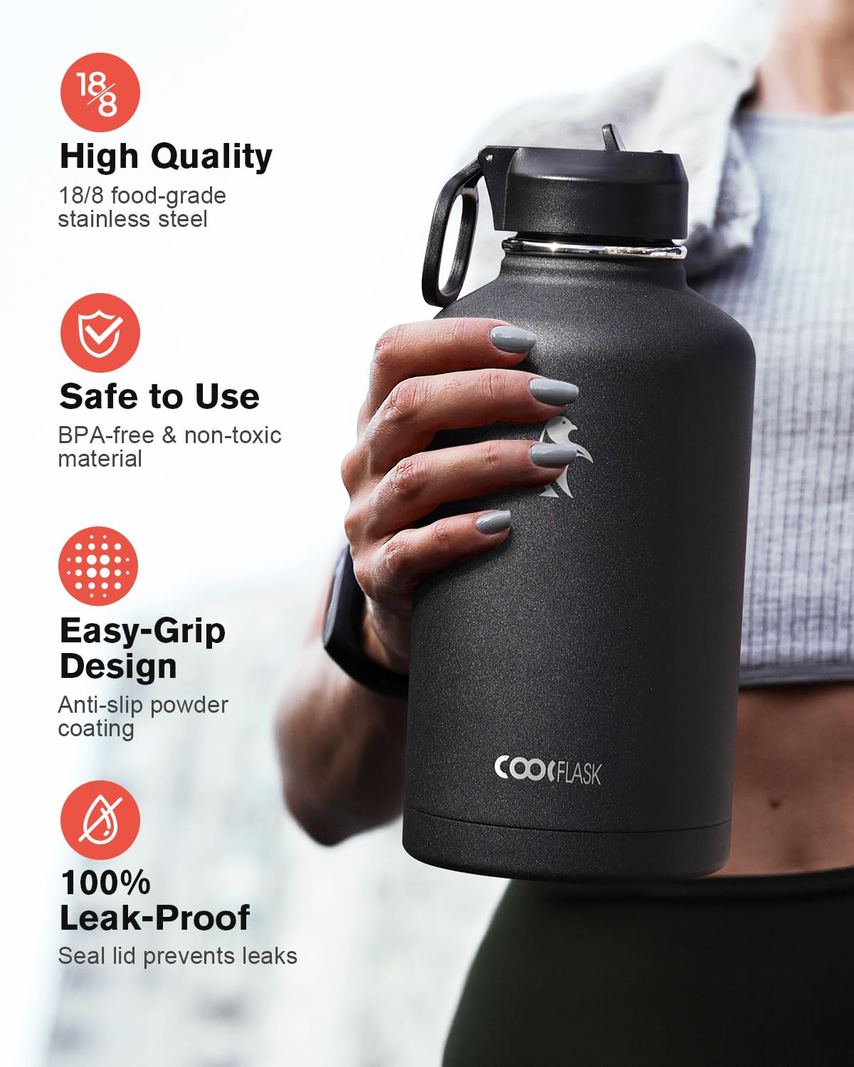 64 Oz Water Bottle Insulated With Straw & 3 Lids, Coolflask Large Metal Stainless Steel Water Jug Big Half Gallon Wide Mouth For