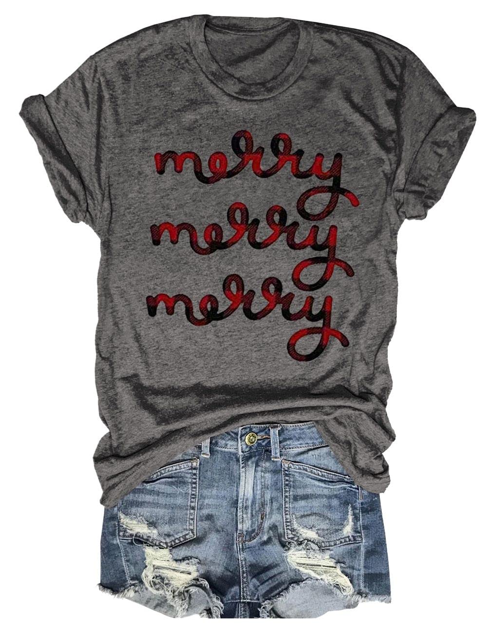 Beopjesk Womens Buffalo Plaid Tees Casual Short Sleeve Merry Letter Printed Graphic Blouse Tops (Xxl, Red)