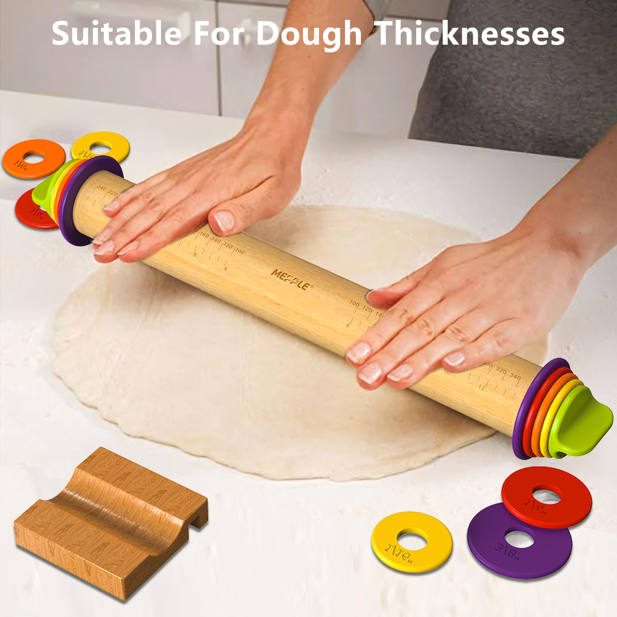 Mepple Adjustable Wooden Rolling Pin with Thickness Rings, 13.6" Beech Wood for Baking, Pizza, and Pastry, Model MP-K101