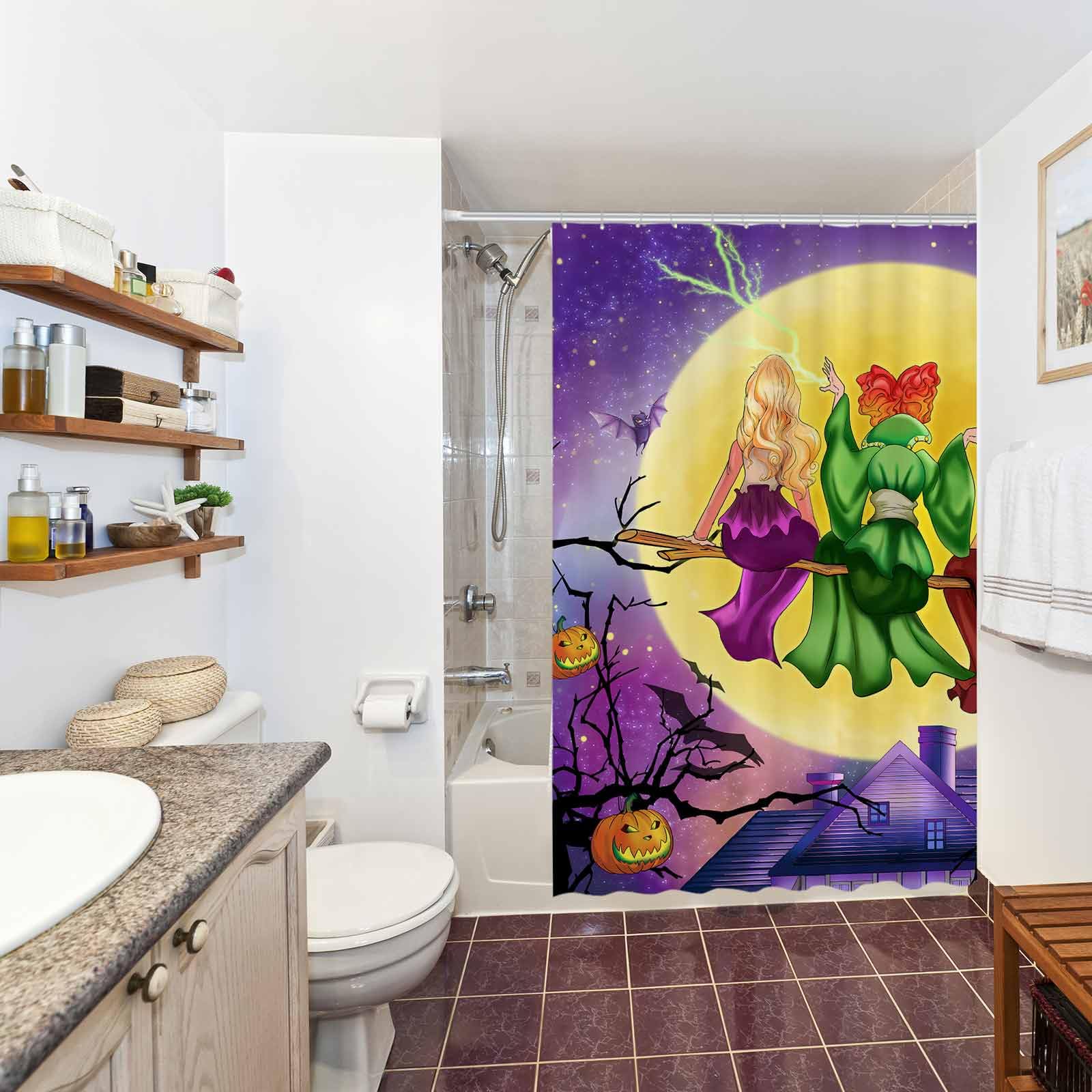 Allenjoy 72'' X 72'' Halloween Witches Shower Curtain Set Fall Autumn Moonlight Home Bath Bathtub Decorations Bathroom Decor Eas