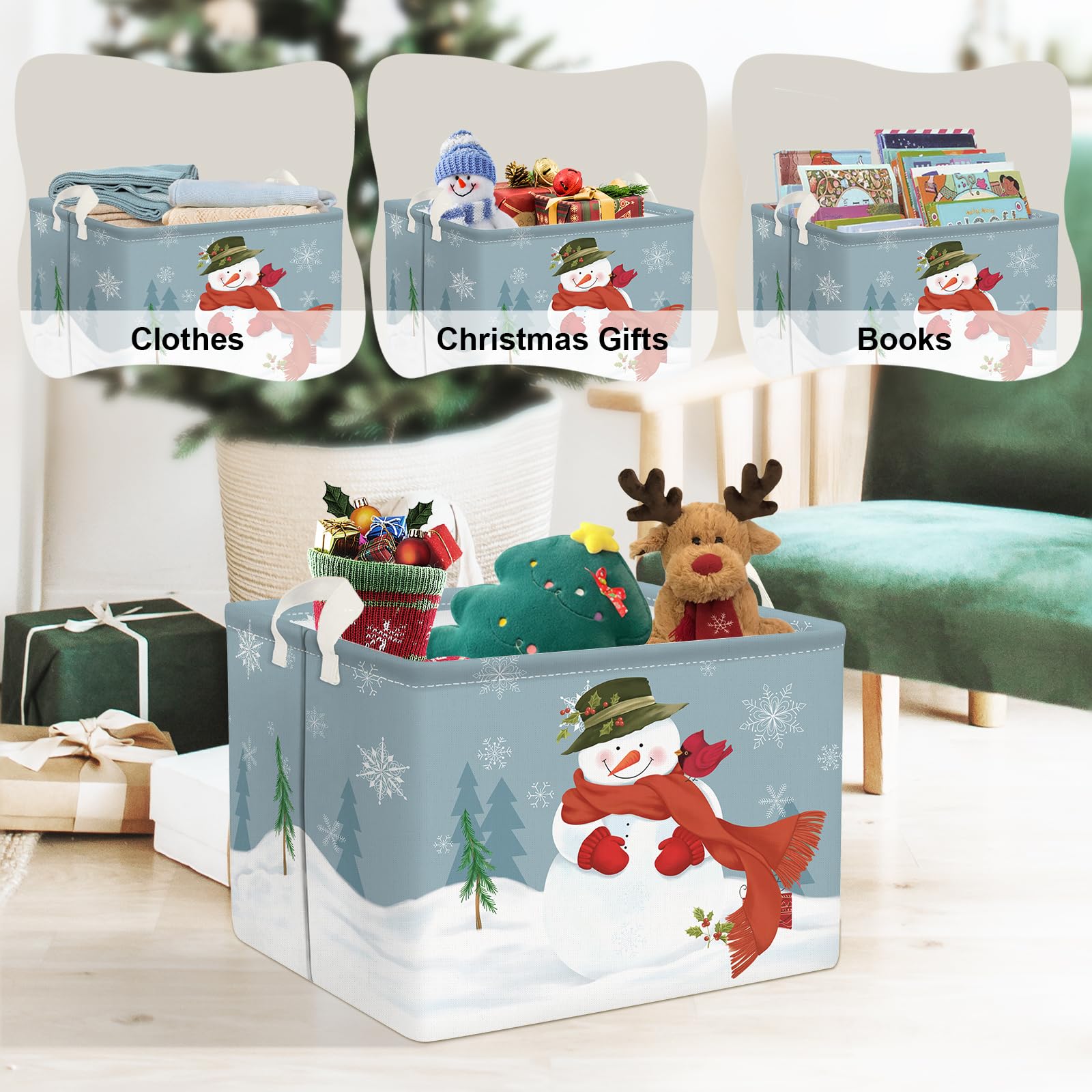 Clastyle Rectangular Snowman Christmas Basket Large Blue Winter Snowflake Shelf Basket Clothes Toy Book Gift Nursery Basket Coll