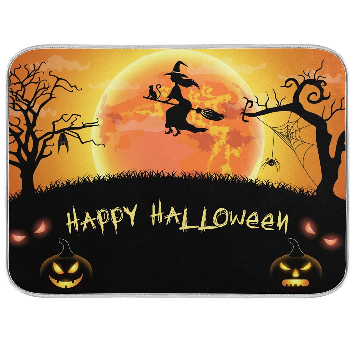 Halloween Witch Spdier Bat Dish Drying Mat 18X24 Absorbent Dishes Pumpkin Scary Night Pad Dish Drainer Mat Protector For Kitchen
