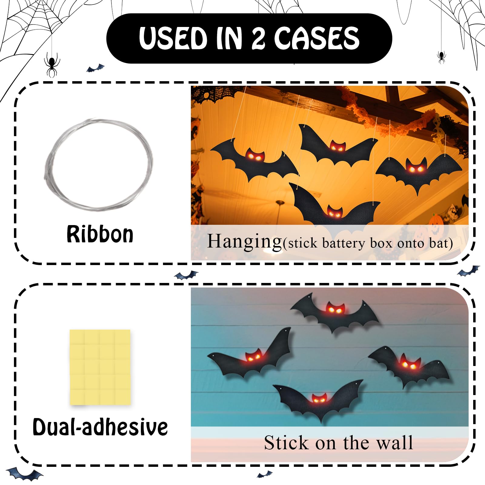 Lighted Halloween Hanging Bats, 4 Packs Halloween Decorations Outdoor Scary Large Black Hanging Flying Bat with LED Lights Spook