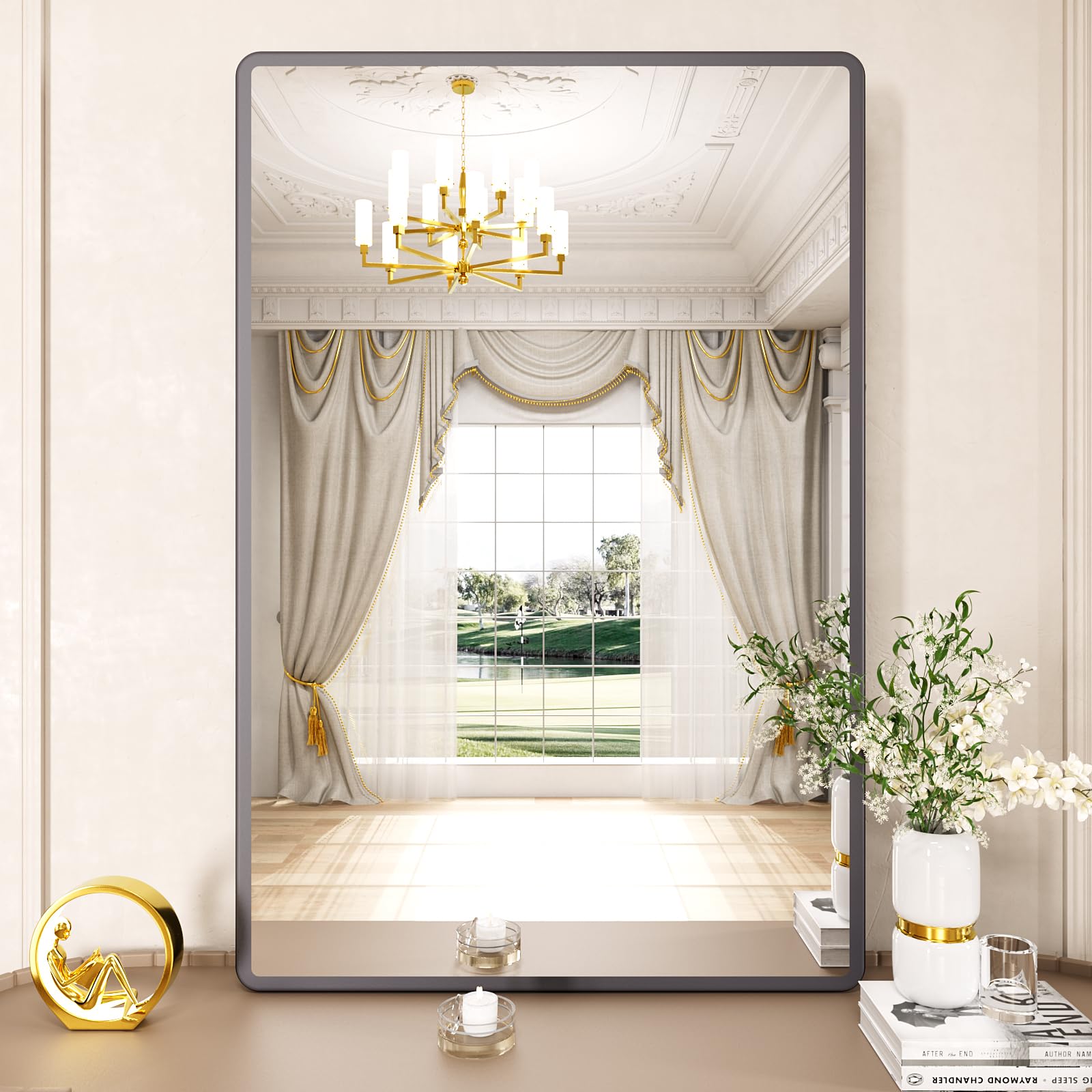 Pertetey New Upgrade 28X36 Inch Wall Mounted Bathroom Mirror, Black Metal Frame Rounded Rectangle Mirror, Bathroom Vanity Mirror