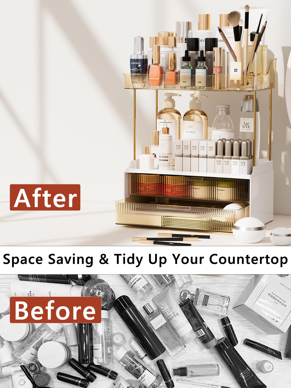 Hoffeins 4 Tiers Bathroom Organizers And Storage Countertop With 2 Drawers, Multi-Purpose Vanity Organizer, Skin Care Organizer
