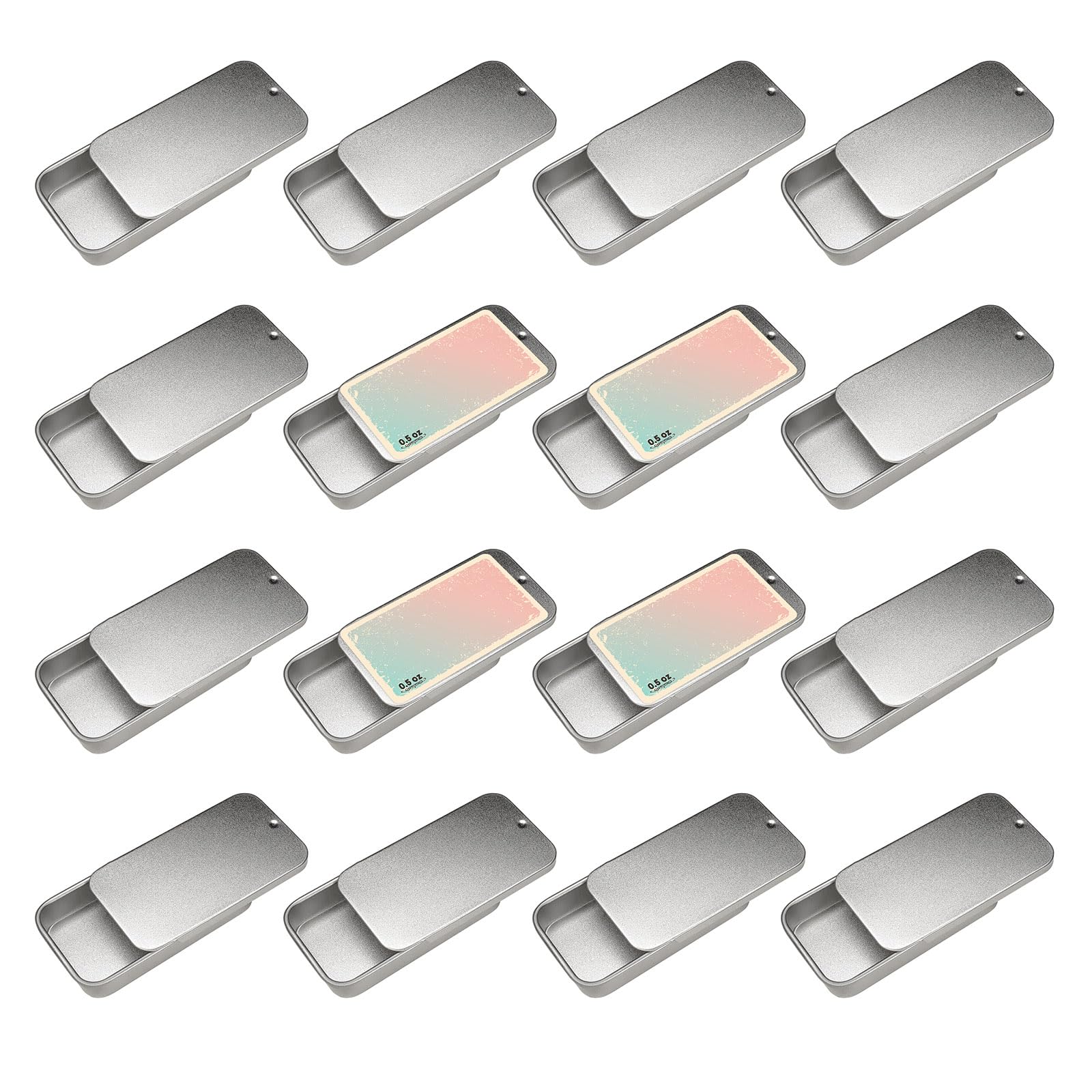 Cubic Ape Slide Top Tin Containers For Lip Balm, Solid Perfume (0.5 Oz, 16-Pack, W/Labels) - (Small) Empty Cosmetics Metal Boxes
