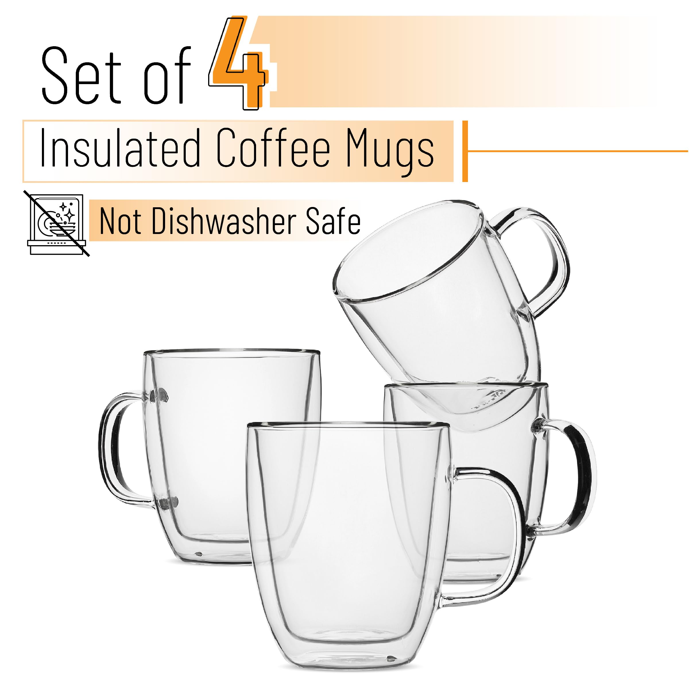 BTaT- Double Wall Glass Coffee Mugs, 16 oz, Set of 4, Double Glass Coffee Cups, Double Wall Coffee Mugs, Double Insulated Coffee