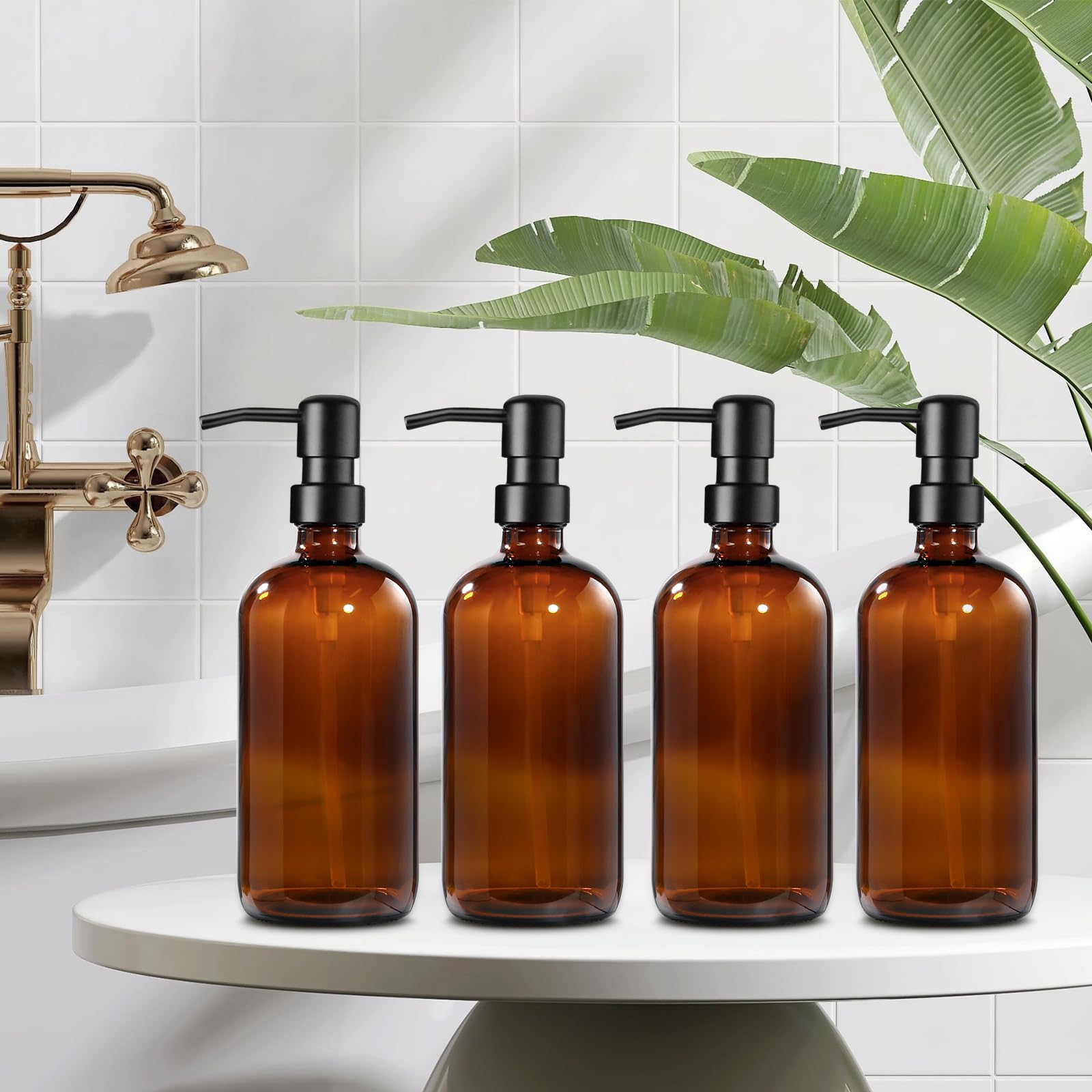 Gmisun Amber Glass Soap Dispenser, 4 Pack Bathroom Hand Soap Dispenser With Stainless Steel Pump, 16 Oz Kitchen Hand And Dish So