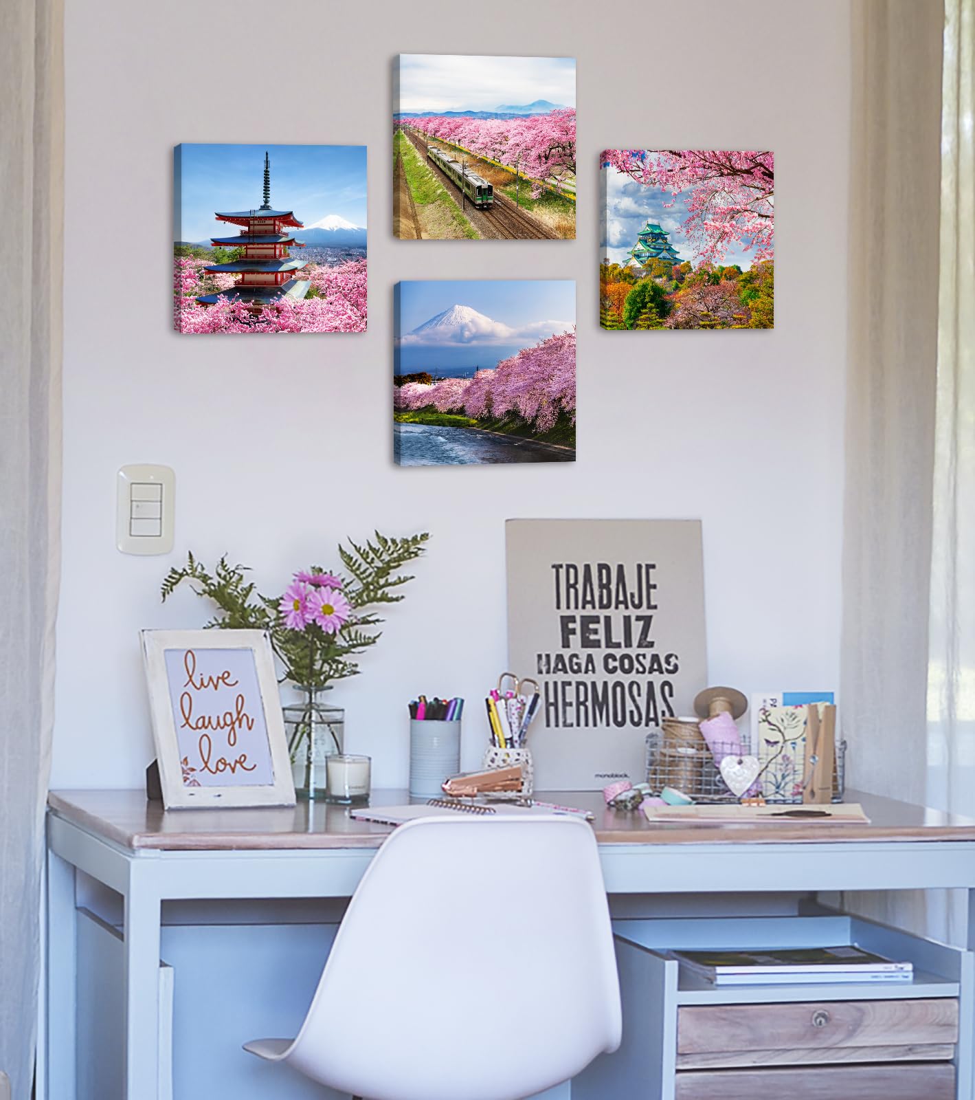 Japanese Cherry Blossom Wall Art - Asian Nature Landscape Romantic Canvas Prints Japanese Mount Fuji Posters Spring Scenery Pict