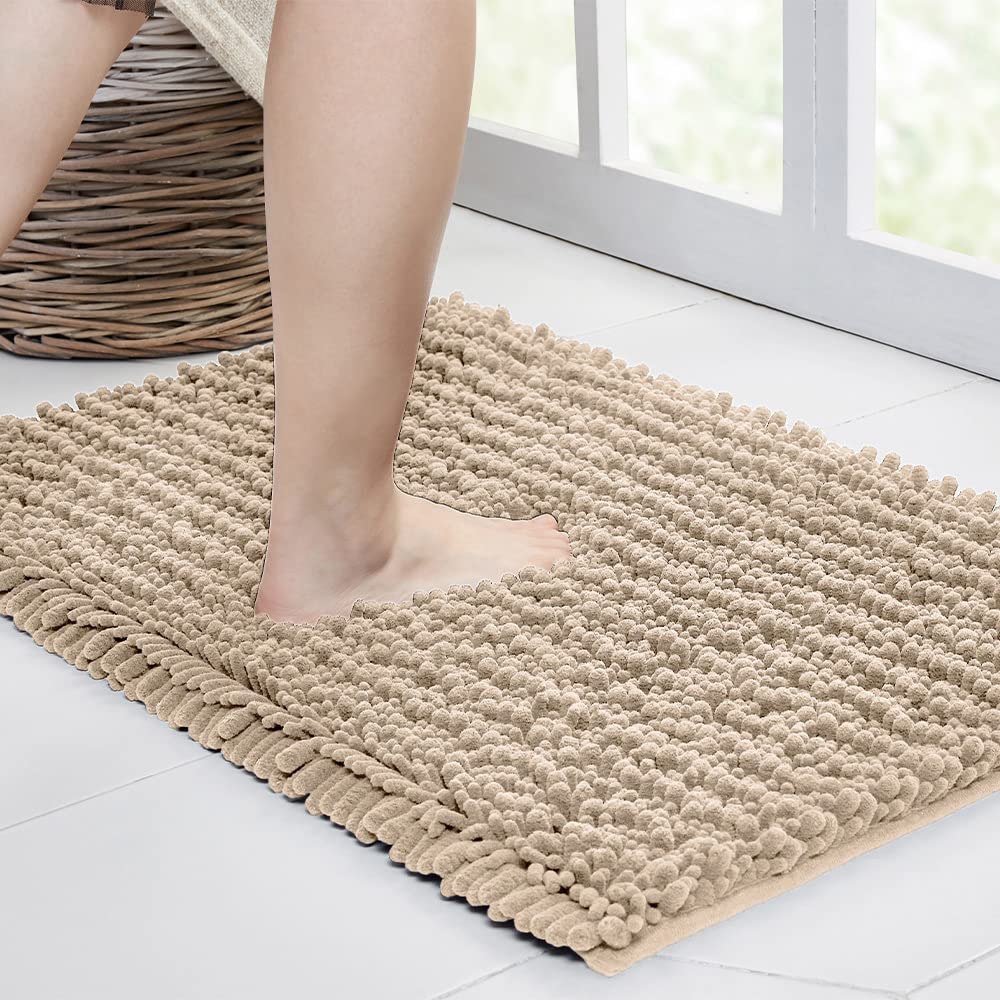 Walensee Bathroom Rug Non Slip Bath Mat (24X17 Inch Beige) Water Absorbent Super Soft Shaggy Chenille Machine Washable Dry Extra