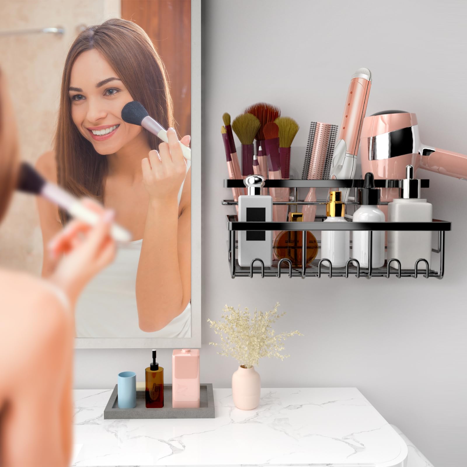 Plooht Hair Tool Organizer - Bathroom Coutertop Organizer Hair Dryer Holder, Vanity Caddy With 3 Insatllation Ways For Hair Drye