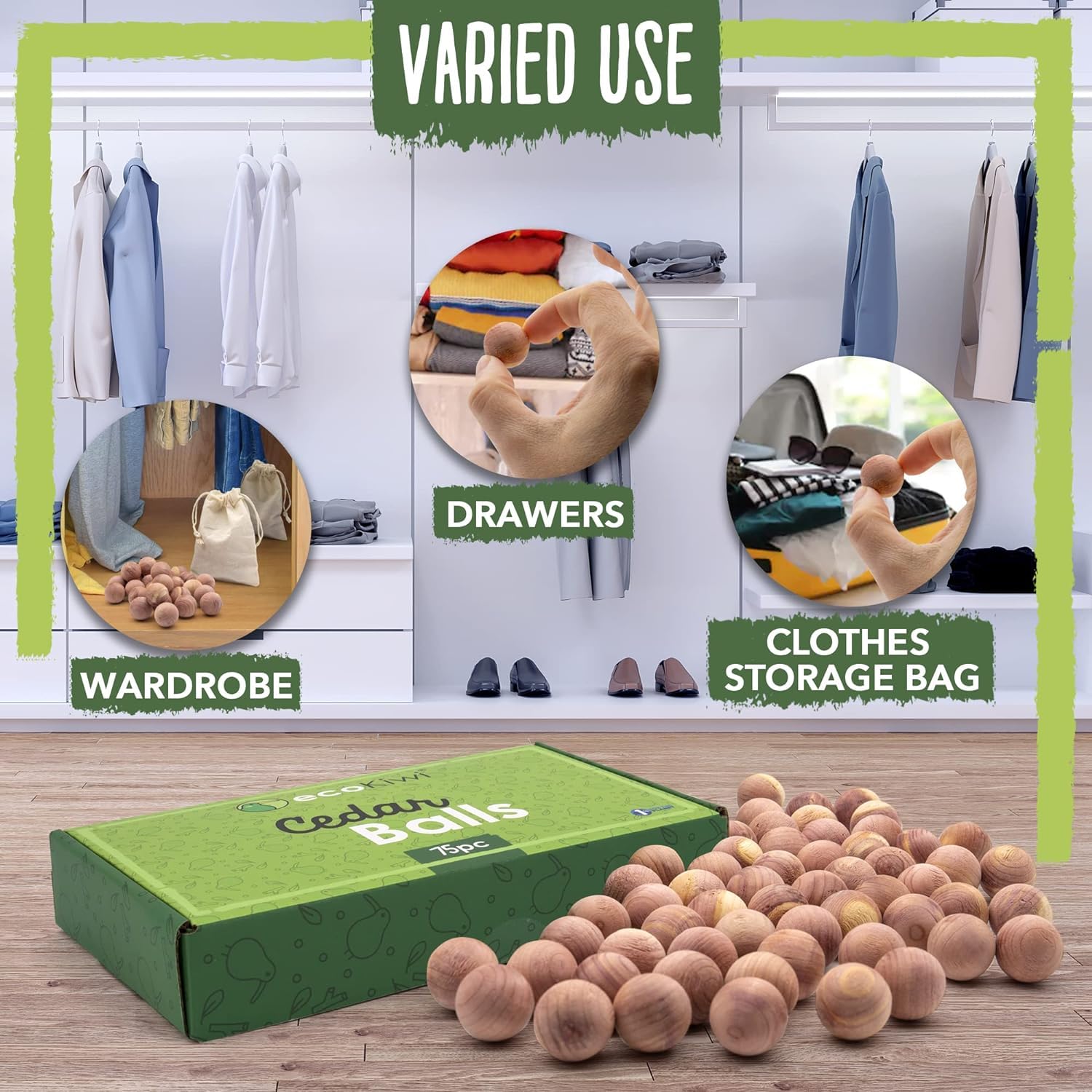 Ecokiwi Cedar Balls For Clothes Storage 75 Pack - 100% Natural Red Cedar Blocks For Clothes Storage - Aromatic Cedar Chips For C