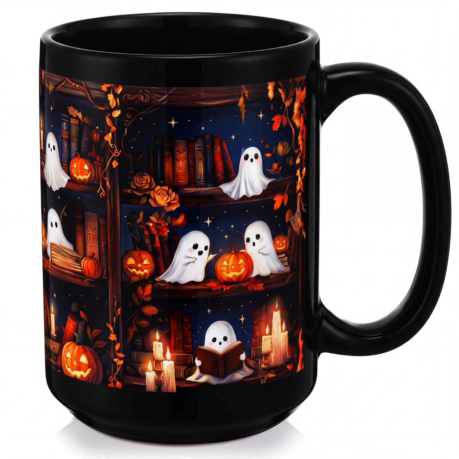 LemonRoad Ghost Bookshelf 15oz Black Ceramic Mug, Spooky Witch Goth Decor