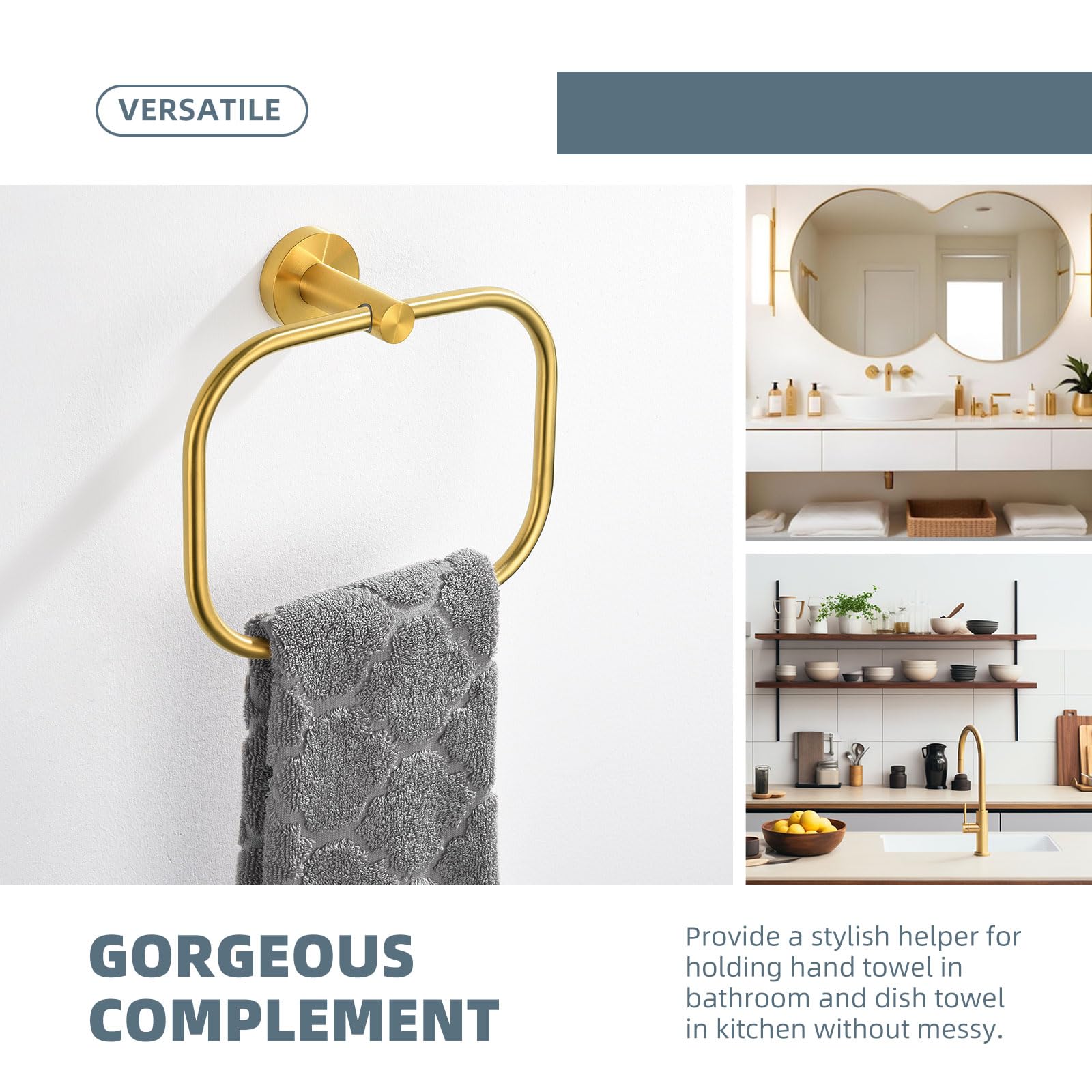 Angle Simple Swivel Towel Ring, Sus 304 Stainless Steel Hand Towel Holder Hanger For Bathroom Wall, Brushed Gold