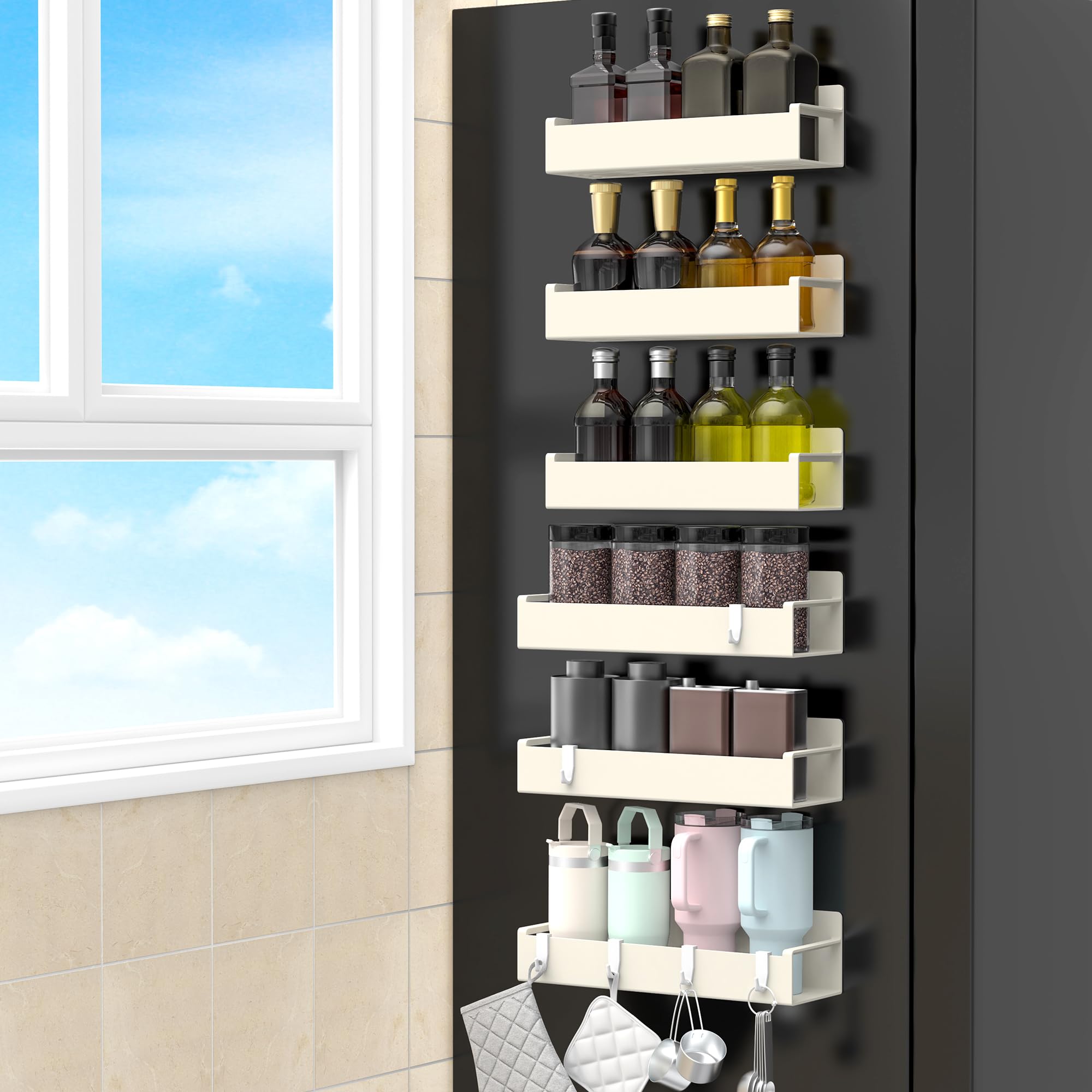 HuggieGems 6 Pack Magnetic Spice Rack Organizer for Refrigerator and Oven, Cream White Fridge Organizers and Storage for Kitchen