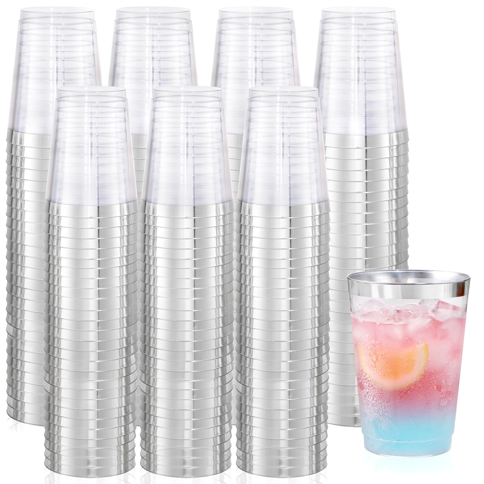 Supernal 200Pcs 10Oz Silver Plastic Cups,Disposable Plastic Cups,Silver Rimmed Plastic Cups For Wedding, Halloween,Thanksgiving